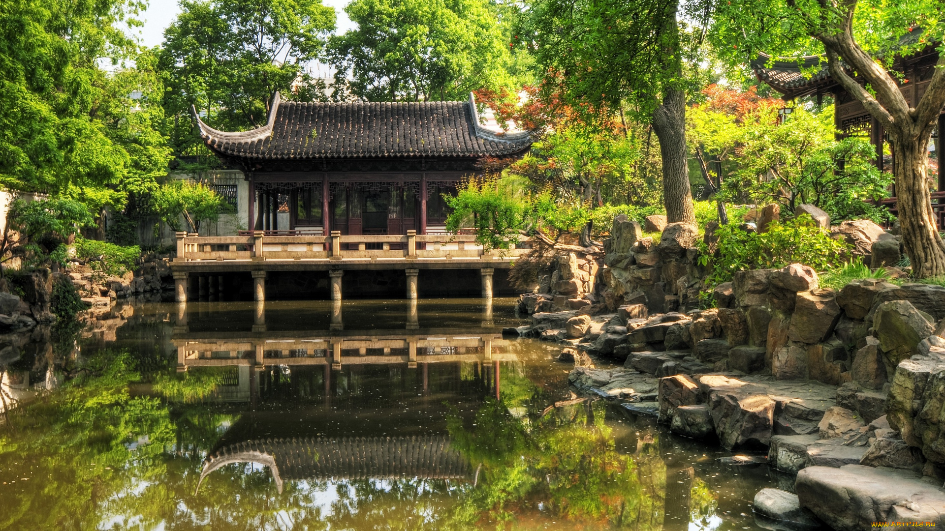 парк, юйян, шанхай, китай, природа, деревья, пруд, пагода, камни