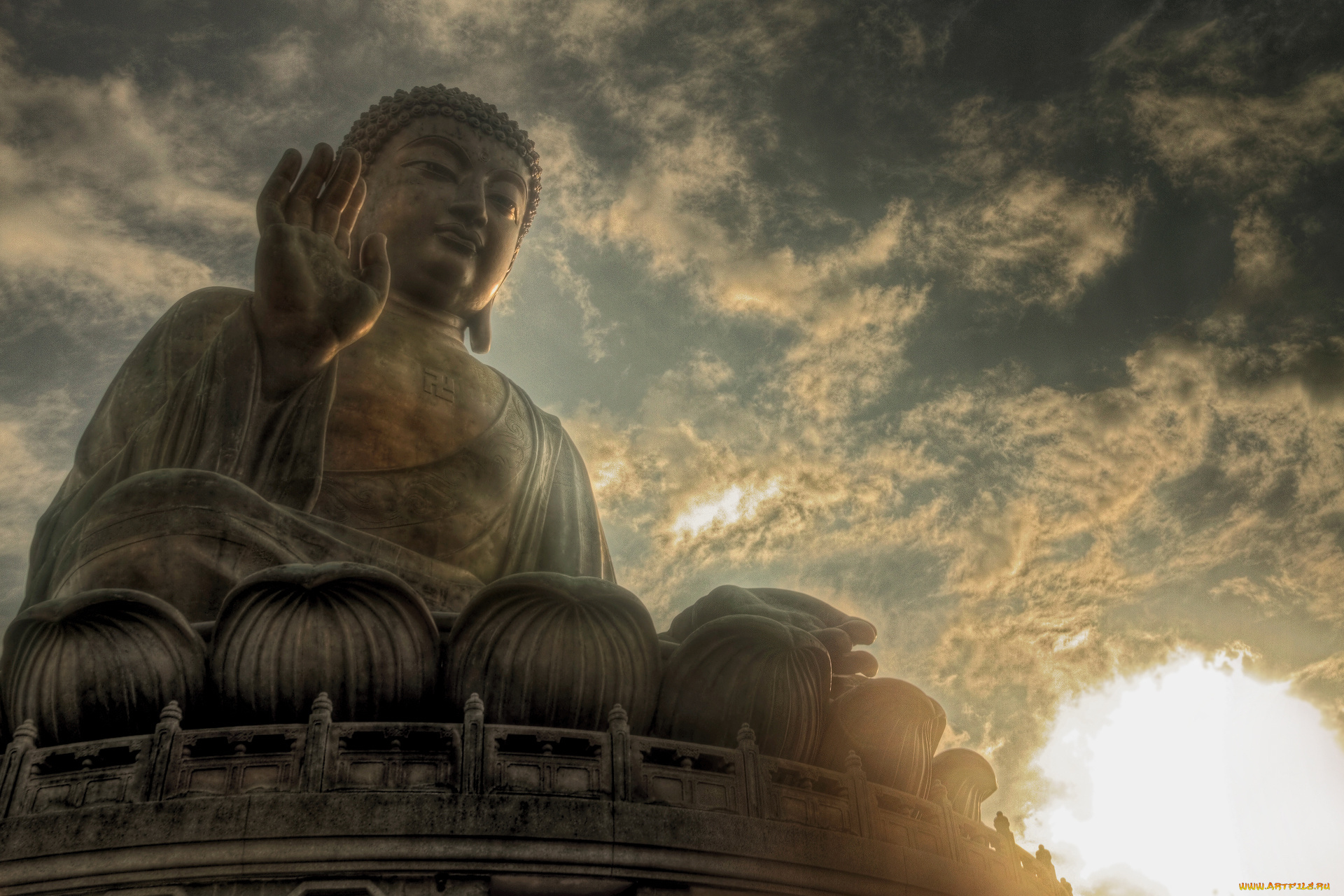разное, религия, будда, статуя, солнце, небо, облака