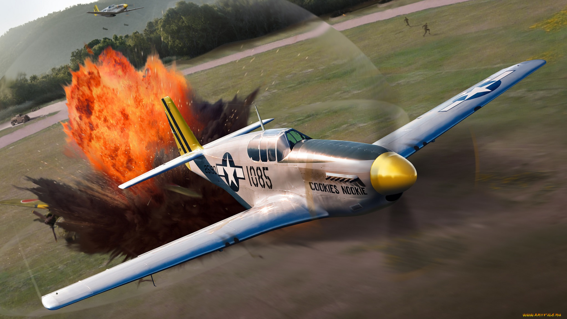 p-51c, авиация, 3д, рисованые, v-graphic, самолет, небо, рисунок