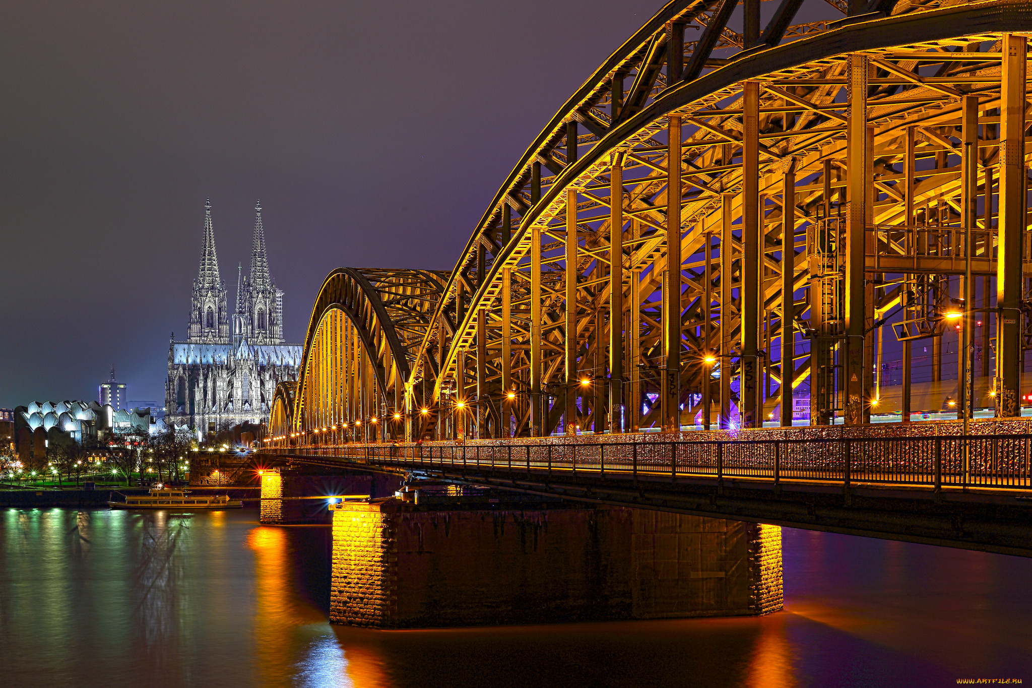 hohenzollernbridge, with, cathedral, города, -, огни, ночного, города, простор