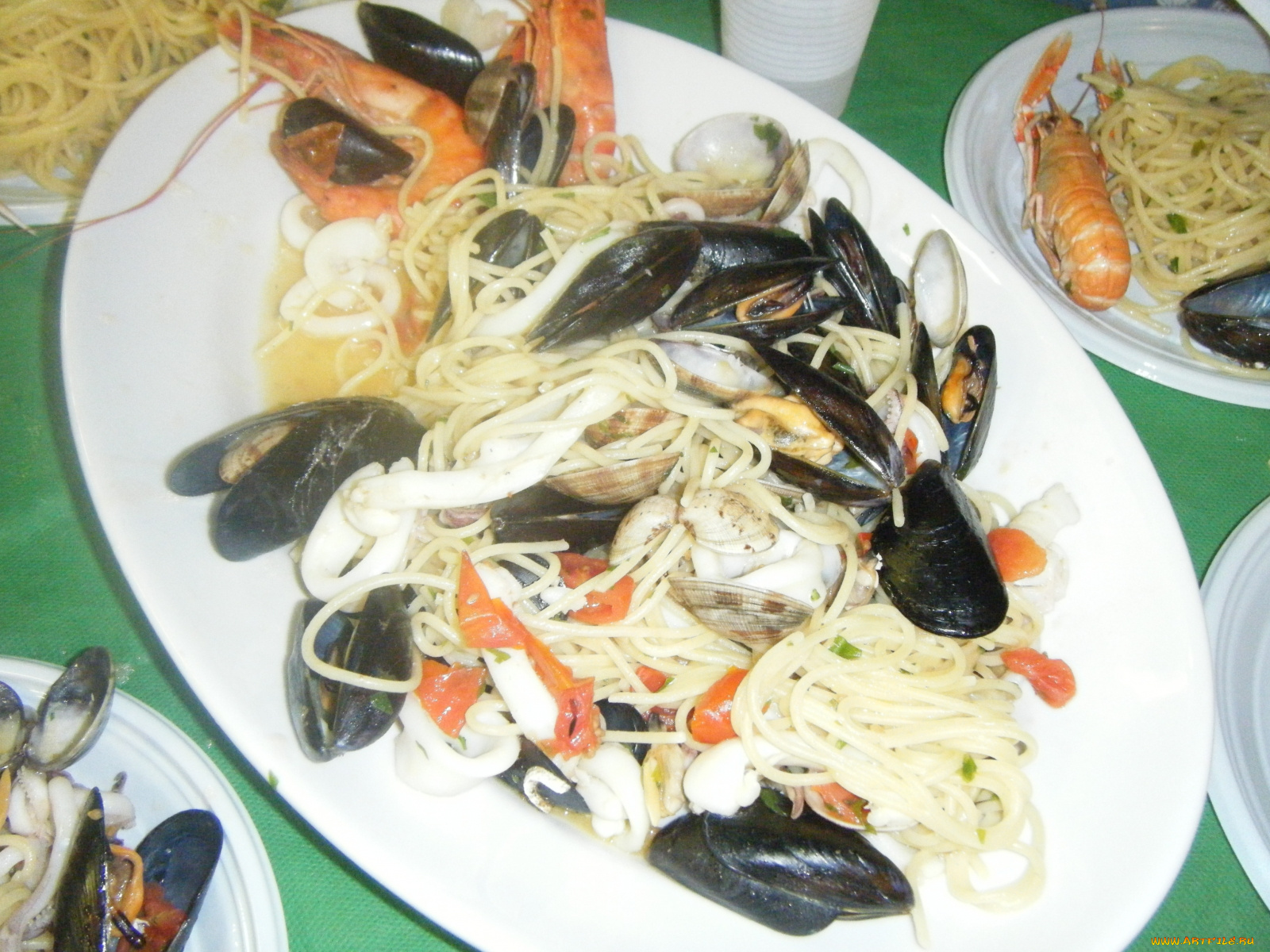 еда, рыбные, блюда, морепродуктами, спагетти, креветки, мидии