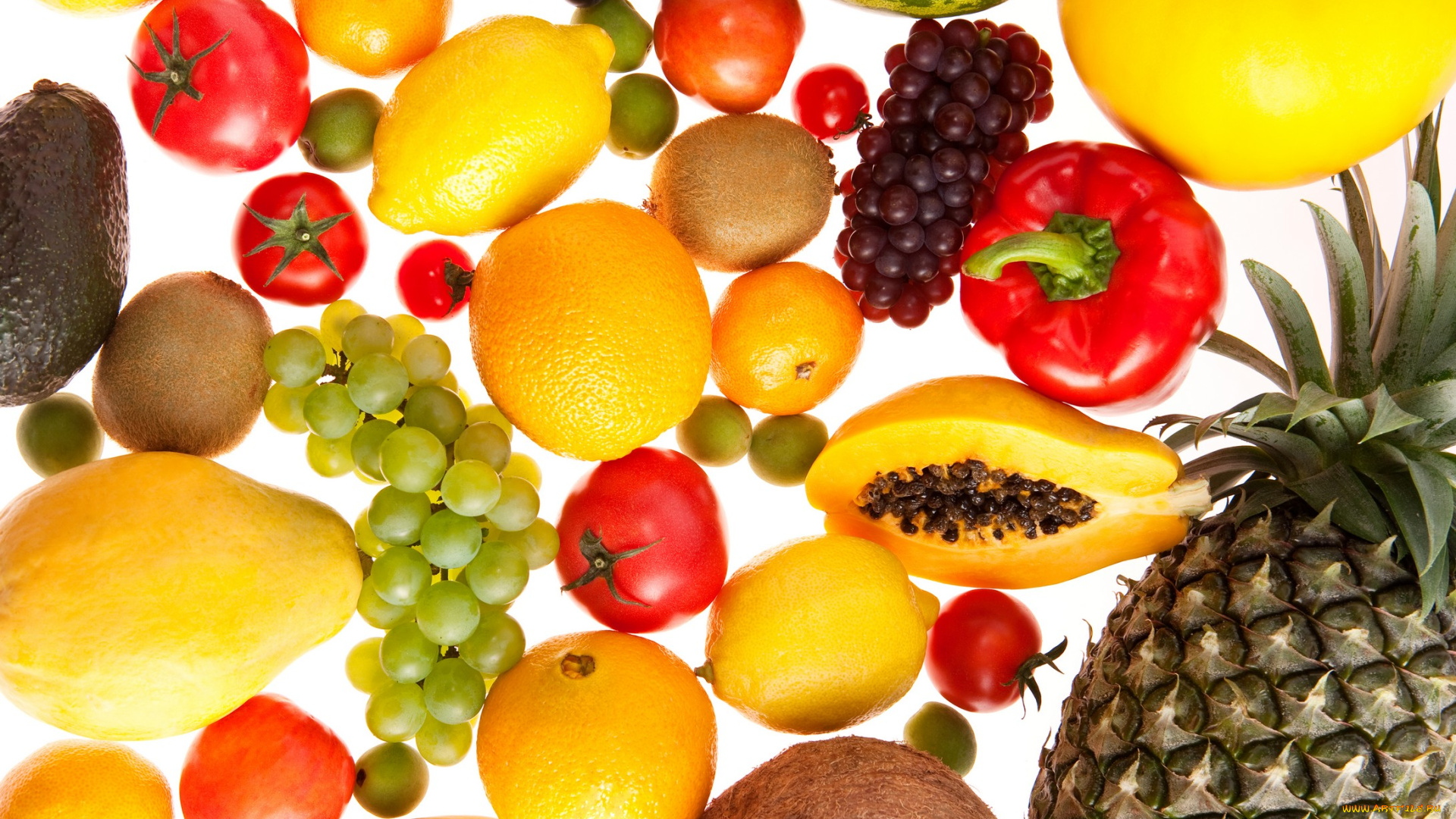 еда, фрукты, овощи, вместе, томаты, помидоры, лимон, апельсин, виноград, ананас