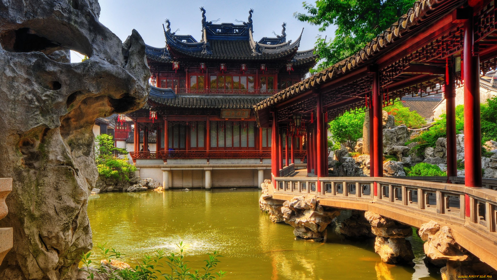 парк, юйян, шанхай, китай, города, дворцы, замки, крепости, пруд, пагода, колонны, красный, мостик