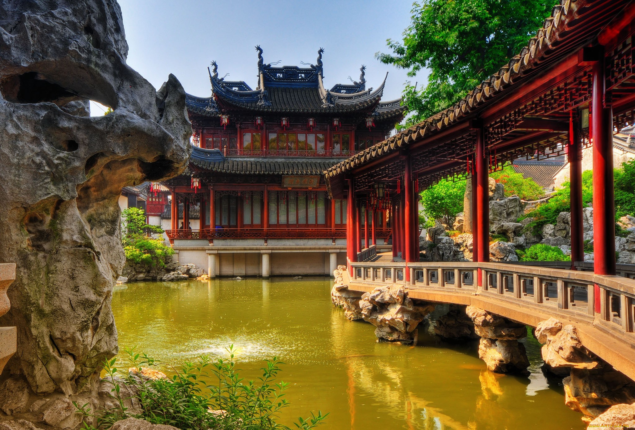 парк, юйян, шанхай, китай, города, дворцы, замки, крепости, пруд, пагода, колонны, красный, мостик