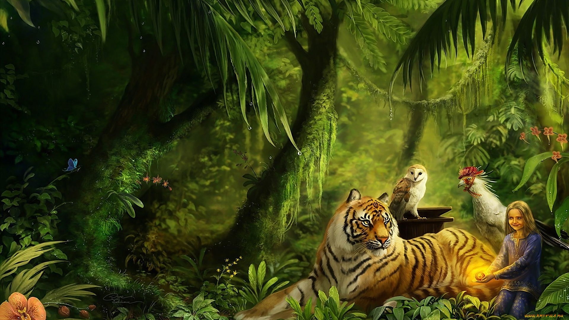 фэнтези, другое, тигр, девочка, сова, джунгли