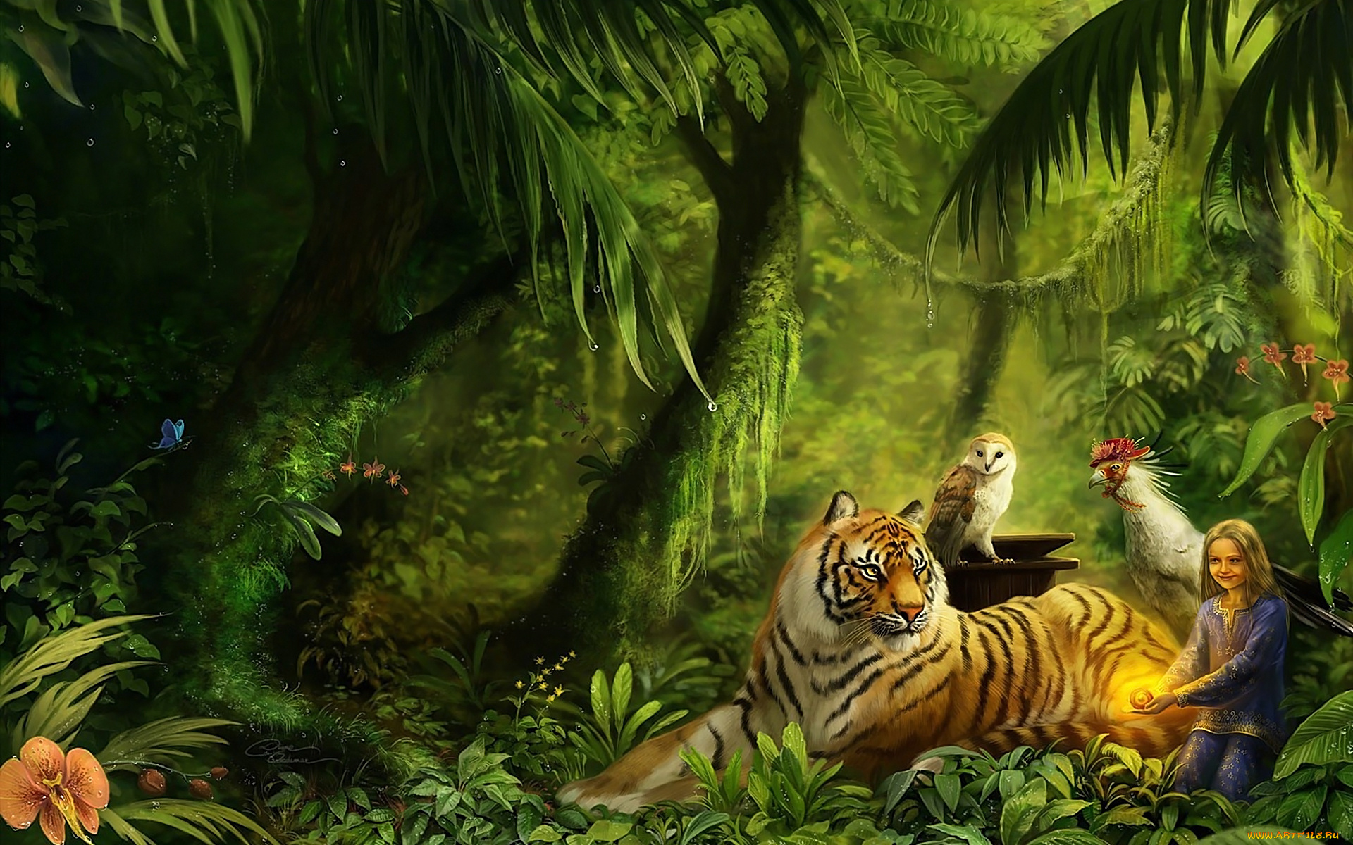 фэнтези, другое, тигр, девочка, сова, джунгли