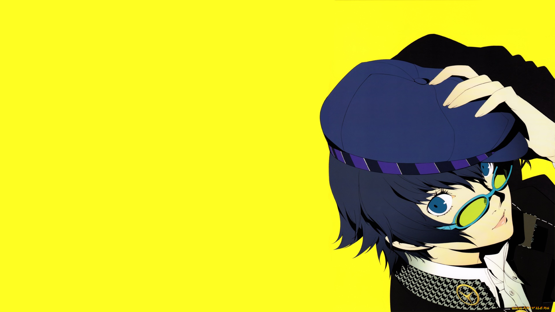 аниме, persona, 4, жёлтый, фон, shirogane, naoto, взгляд, шапочка, очки