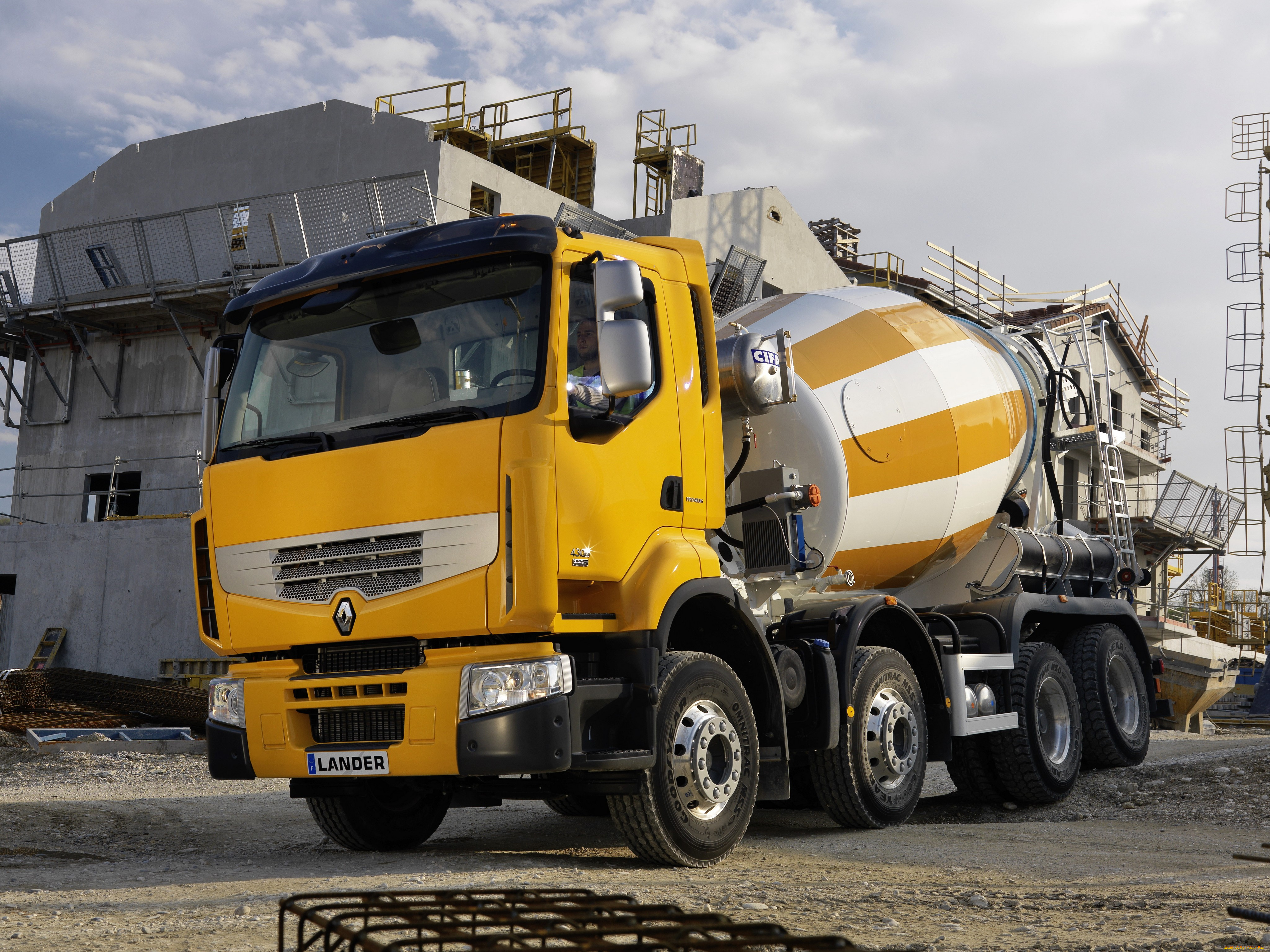 автомобили, renault, trucks, желтый, mixer, 8x4, lander, premium, renault