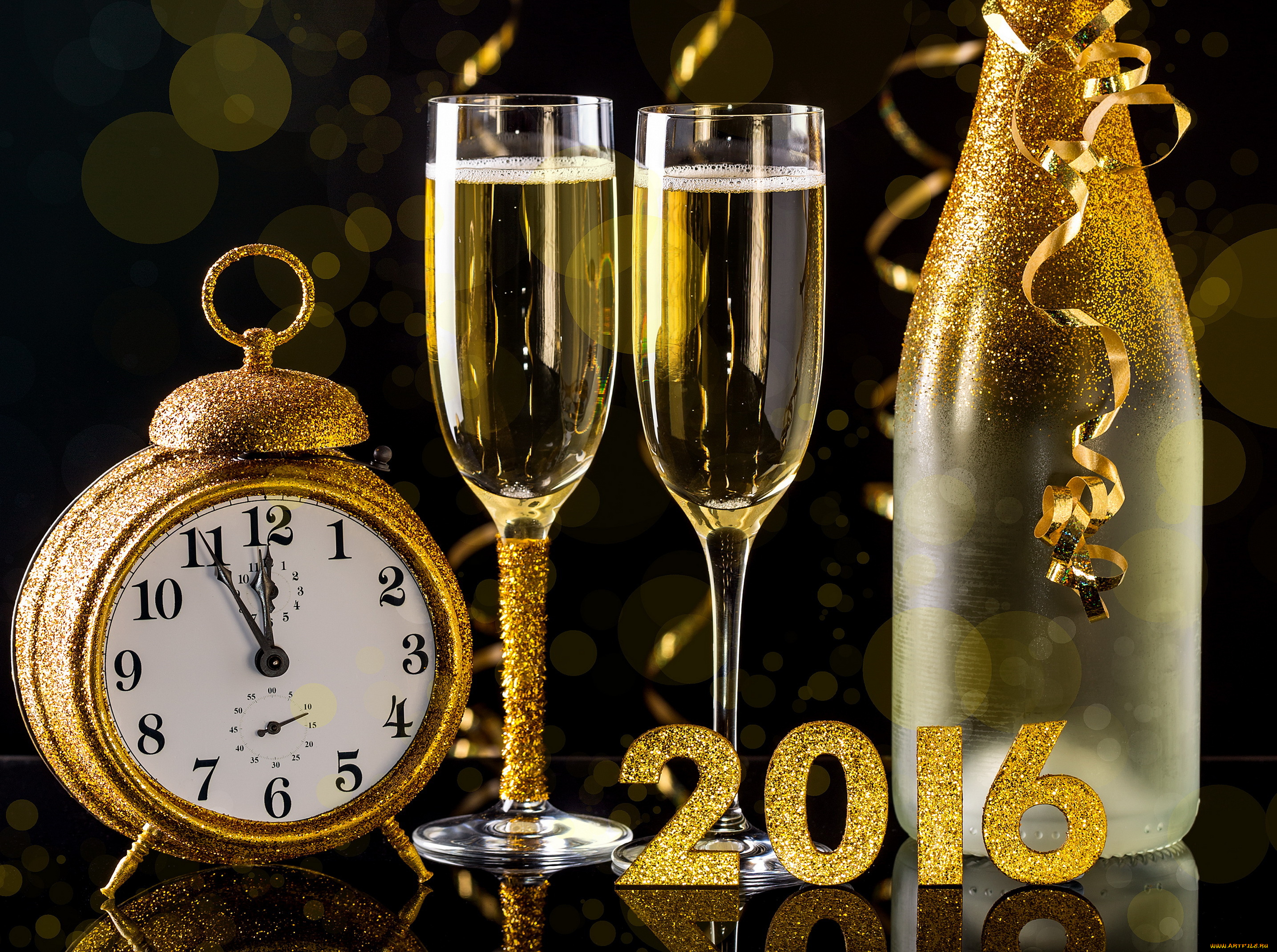 праздничные, -, разное, , новый, год, часы, бокалы, бутылка, шампанское, golden, new, year, happy, 2016, новый, год, champagne
