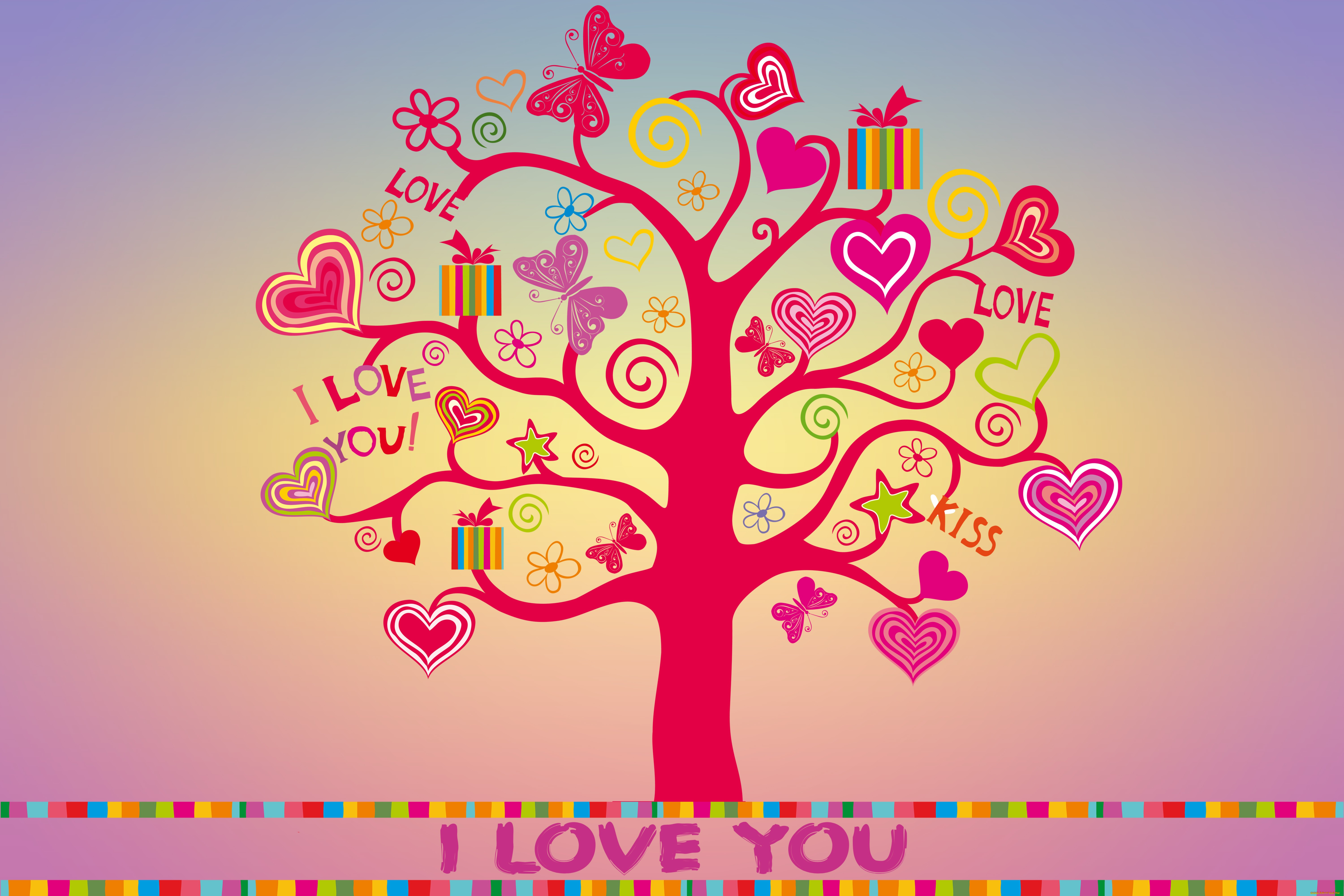 праздничные, день, святого, валентина, , сердечки, , любовь, i, love, you, дерево, background, colorful, sweet, butterfly, сердечки, любовь, romantic, hearts, tree