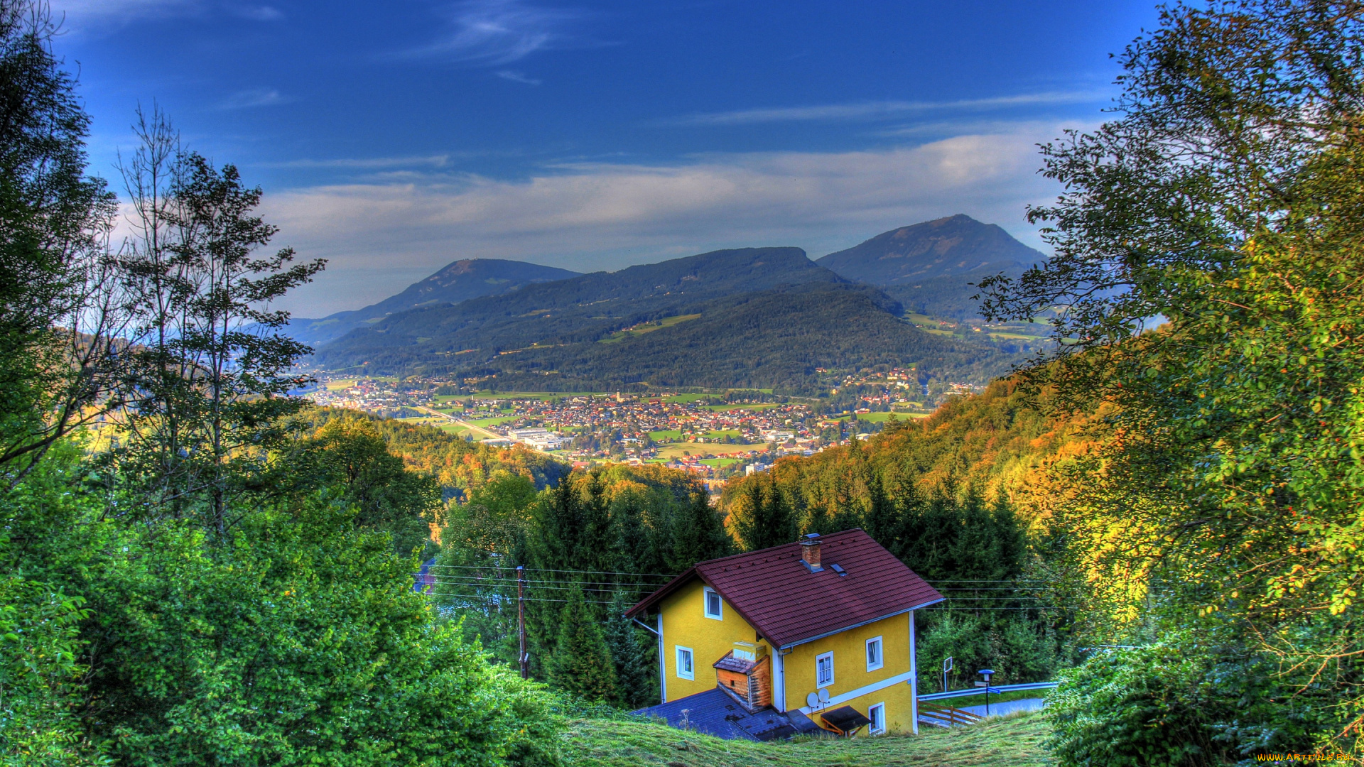 города, -, пейзажи, hdr, поля, горы, австрия, дома, панорама, hallein, солнце, небо, осень, леса