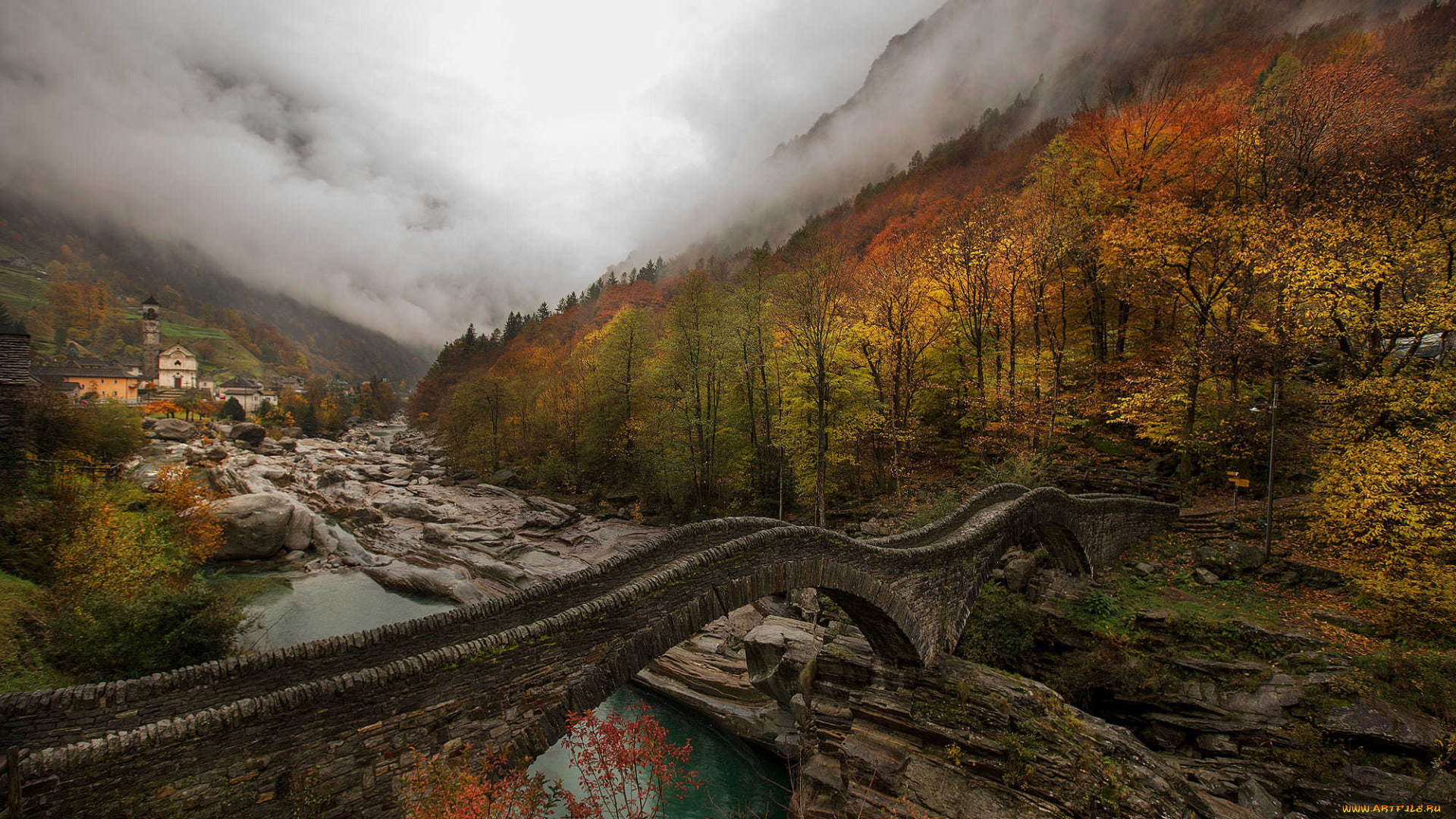 природа, пейзажи, каменный, мост, туман, река