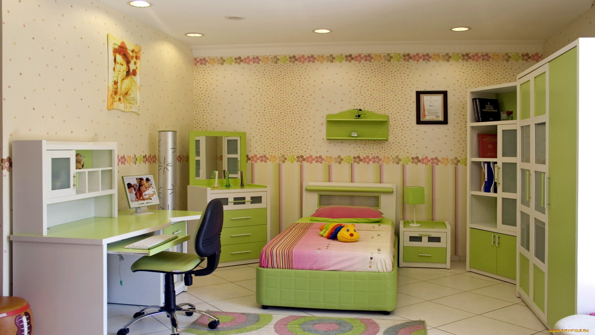 интерьер, детская, комната, кровать, шкафы, стул