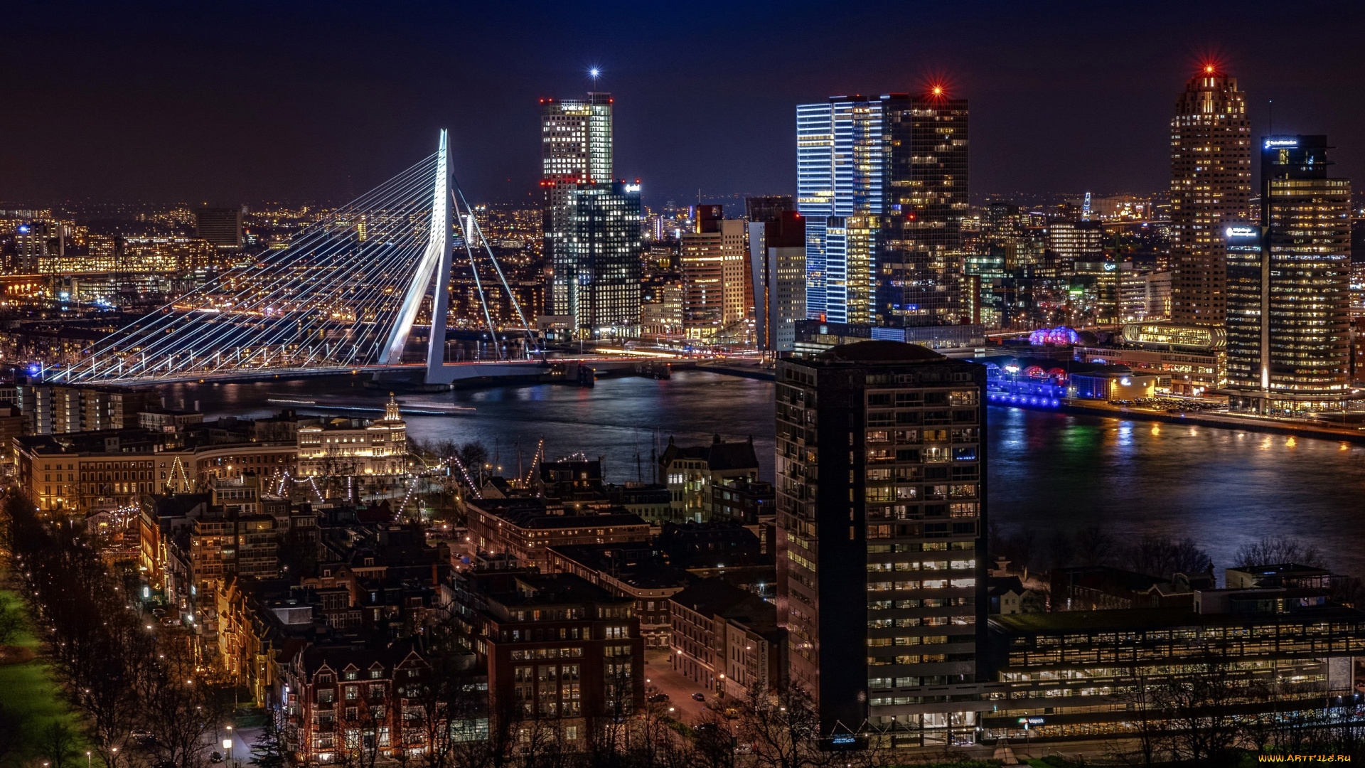 rotterdam, netherlands, города, -, огни, ночного, города