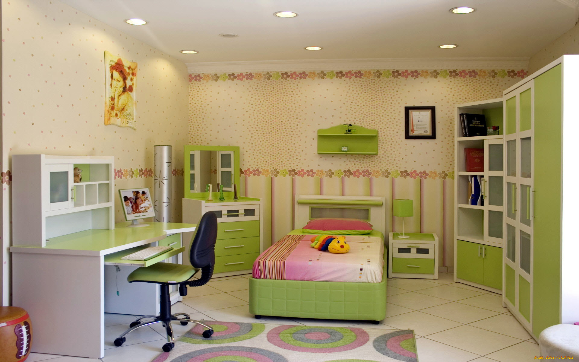 интерьер, детская, комната, кровать, шкафы, стул