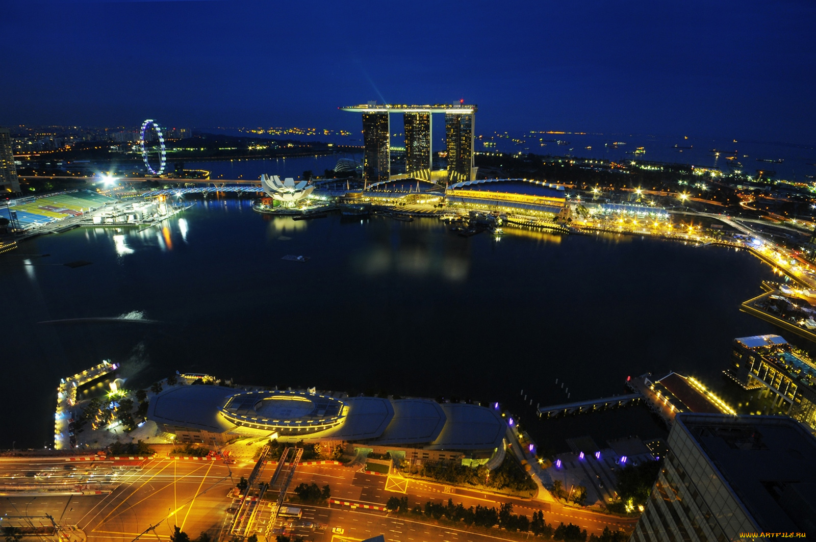 города, сингапур, ночь, огни, залив