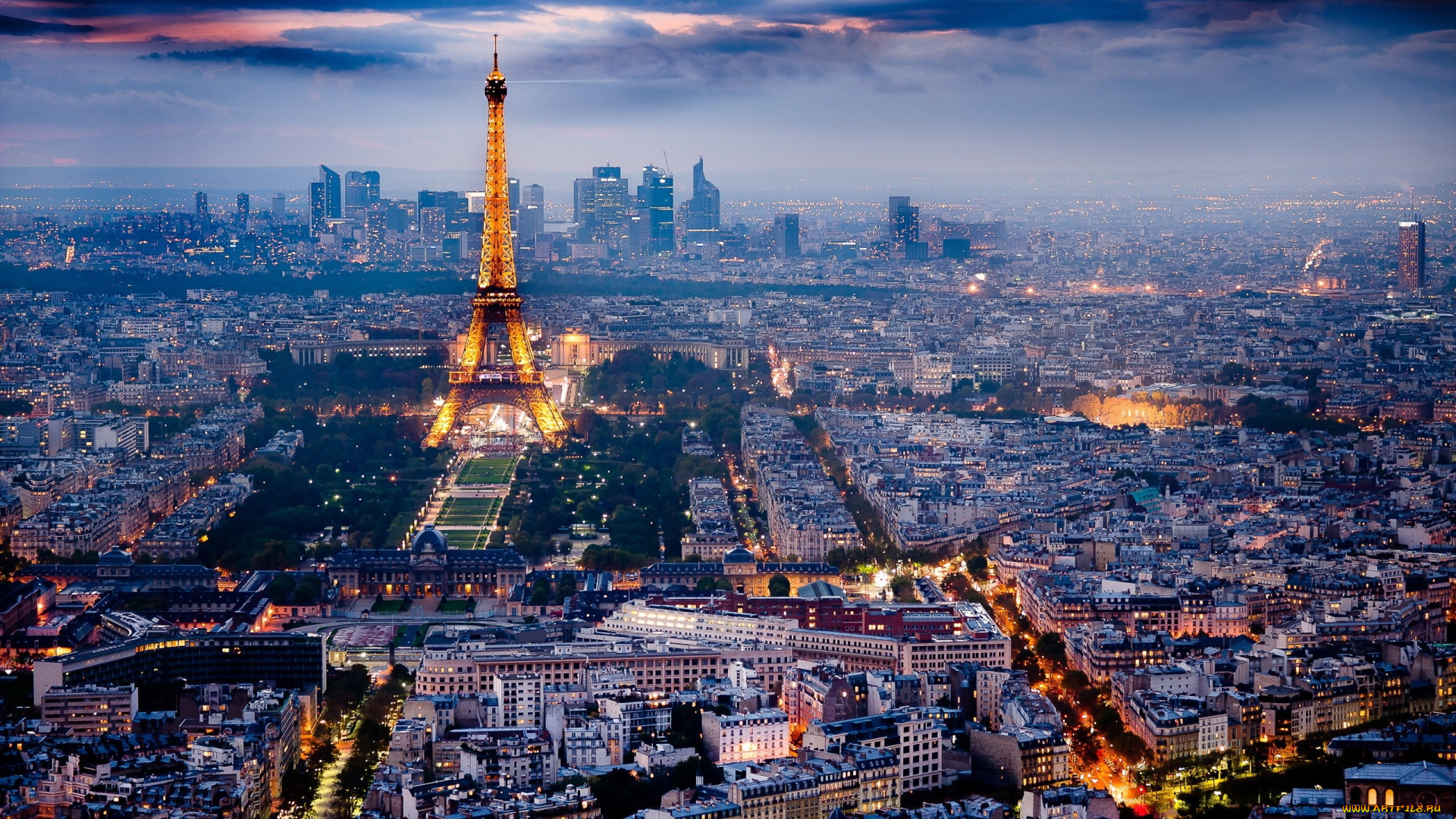 paris, города, париж, франция, башня, панорама, вечер, огни, кварталы