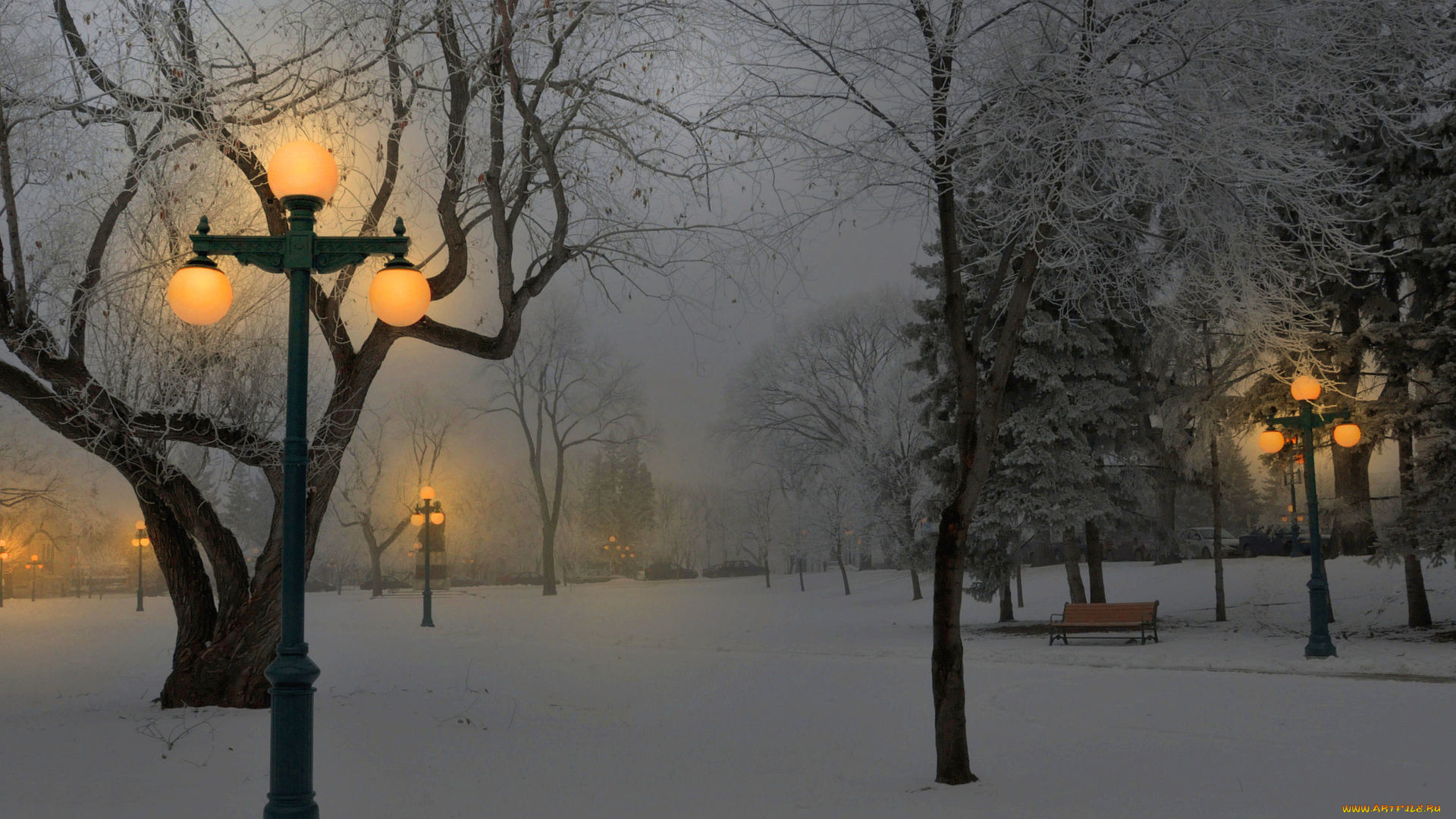 природа, парк, фонари, скамейки, снег, зима, свет