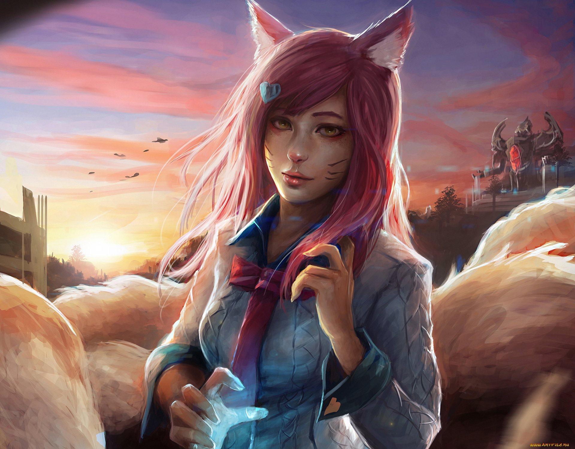 видео, игры, league, of, legends, ahri, nine-tailed, fox, лиса, ушки, девушка, рубашка, league, of, legends