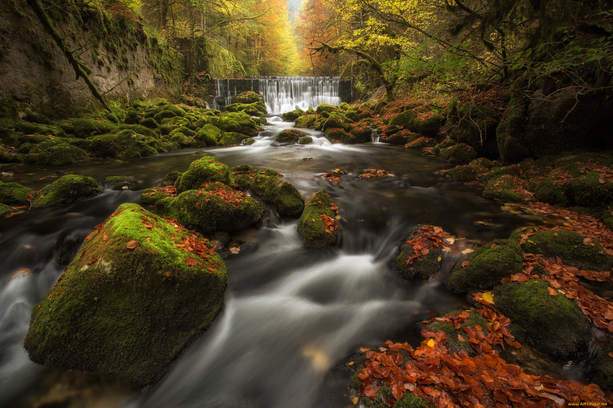 природа, водопады, ущелье, аройзе, switzerland, areuse, gorge, val-de-travers, осень, лес, мох, листья, швейцария, водопад, каскад, река, камни