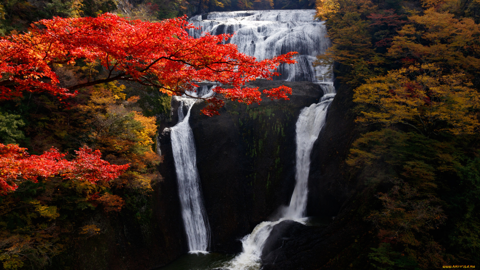 природа, водопады, пейзаж, осень, деревья, поток, водопад