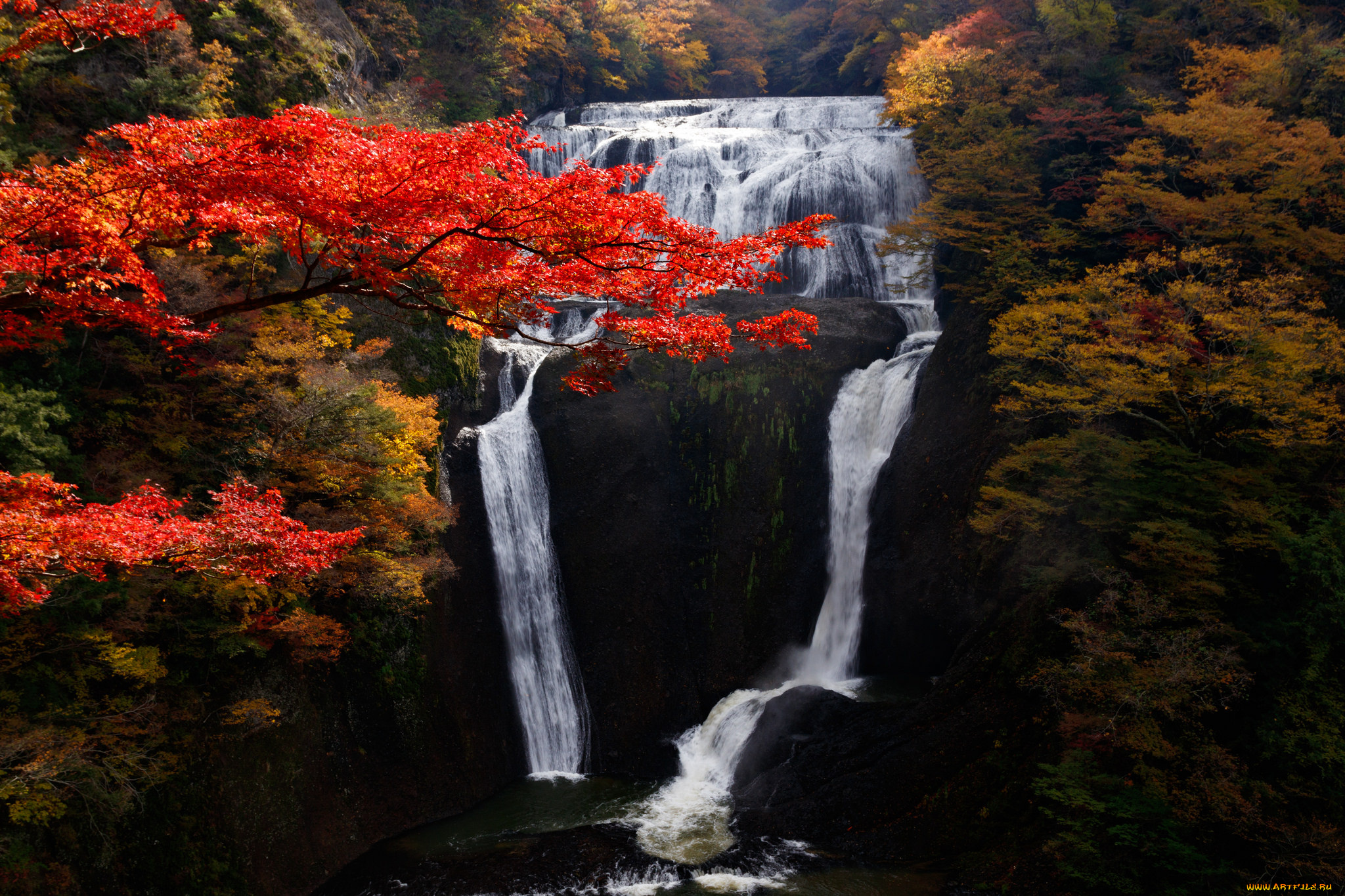 природа, водопады, пейзаж, осень, деревья, поток, водопад