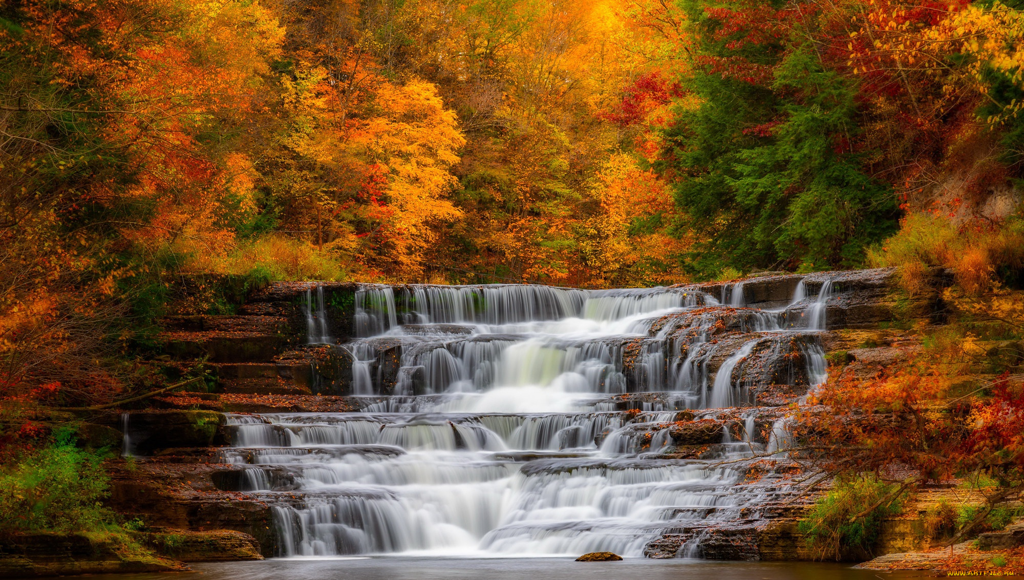 природа, водопады, осень, река, водопад