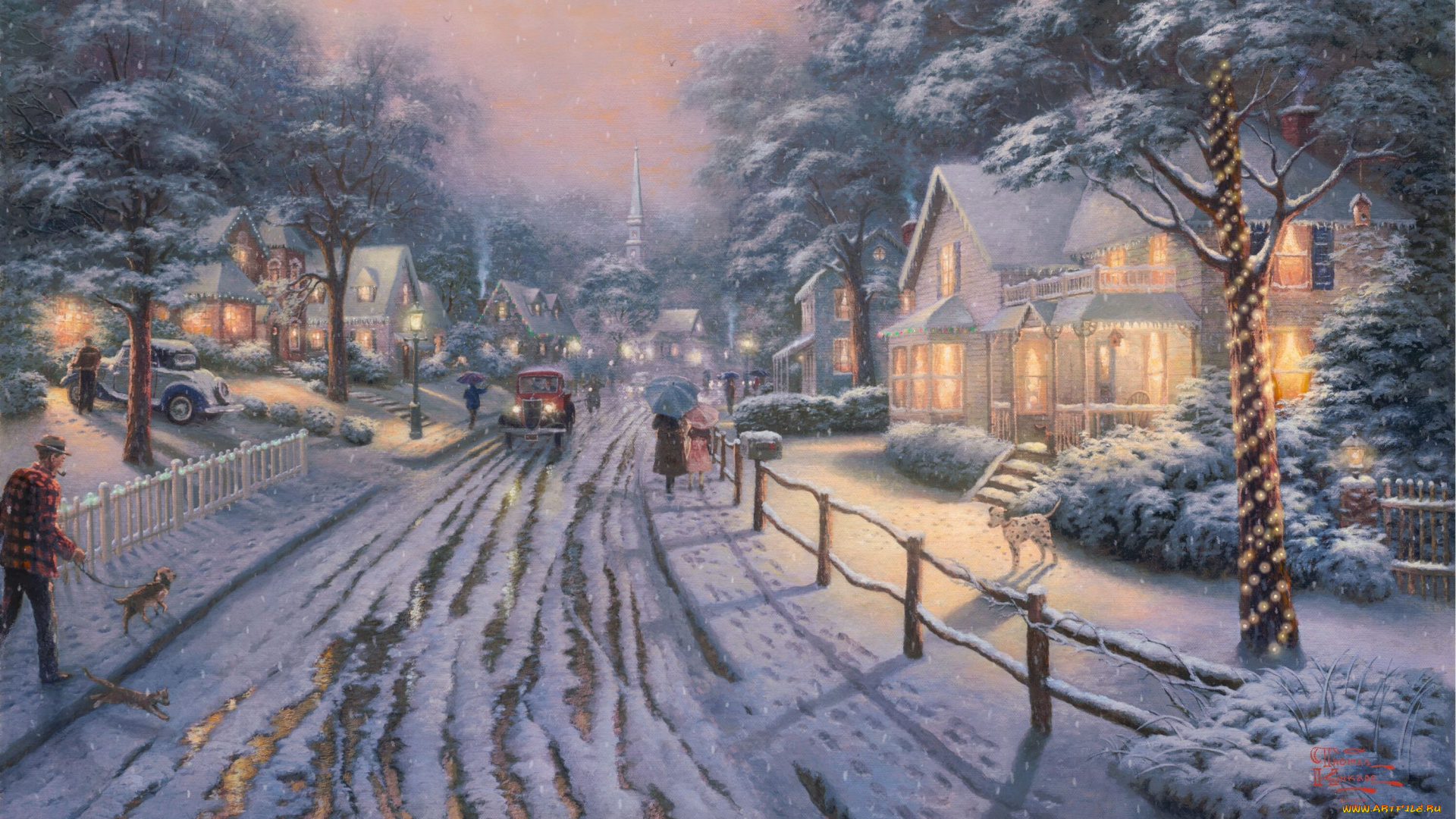 thomas, kinkade, рисованные, снег, город, зима, дорога, люди, авто, иллюминация, дом