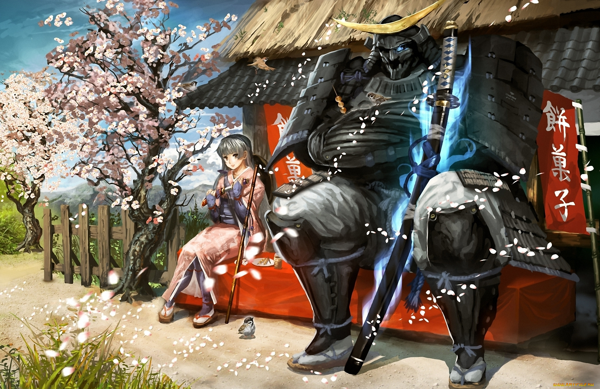аниме, weapon, blood, technology, девочка, сакура, самурай