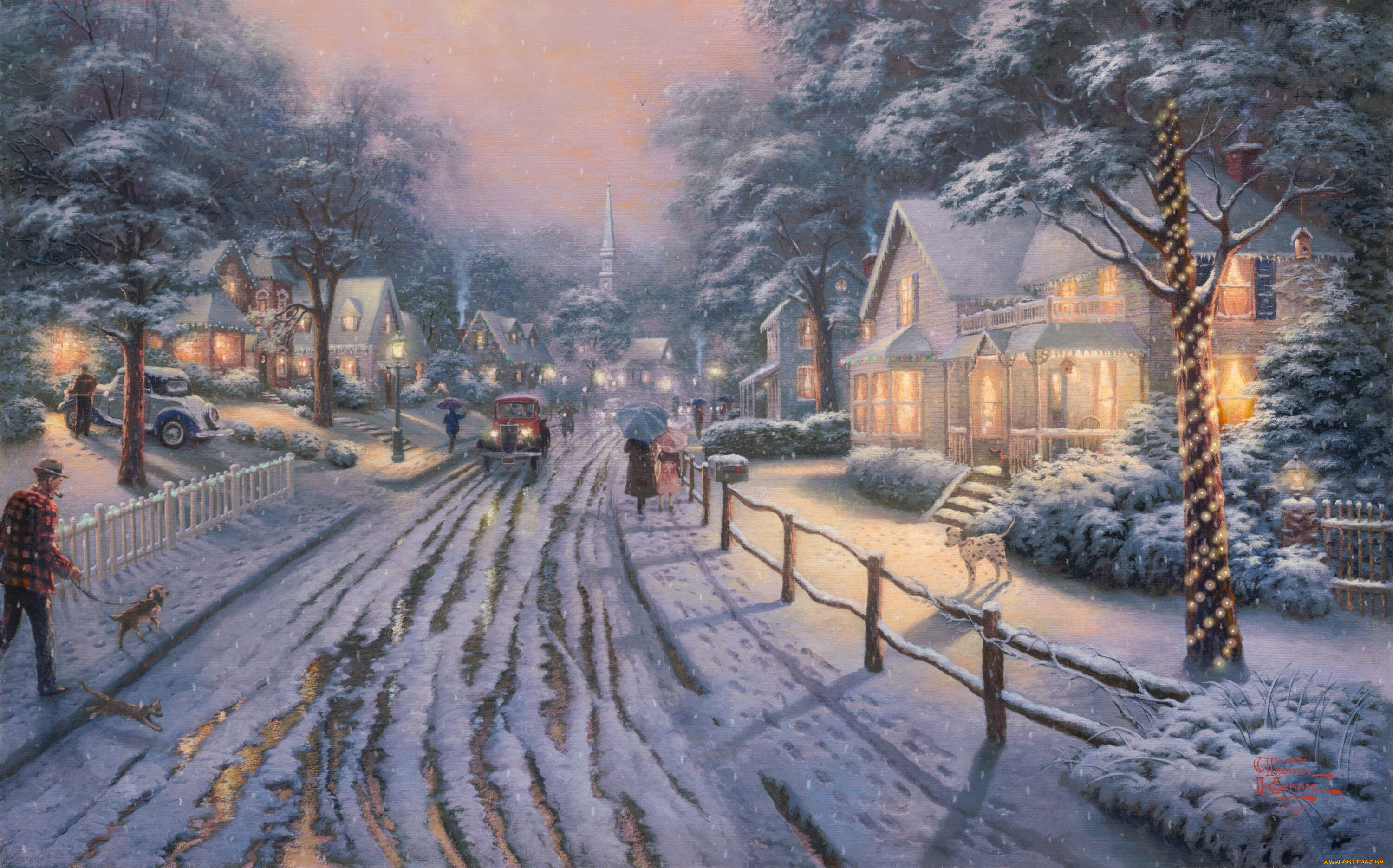 thomas, kinkade, рисованные, снег, город, зима, дорога, люди, авто, иллюминация, дом