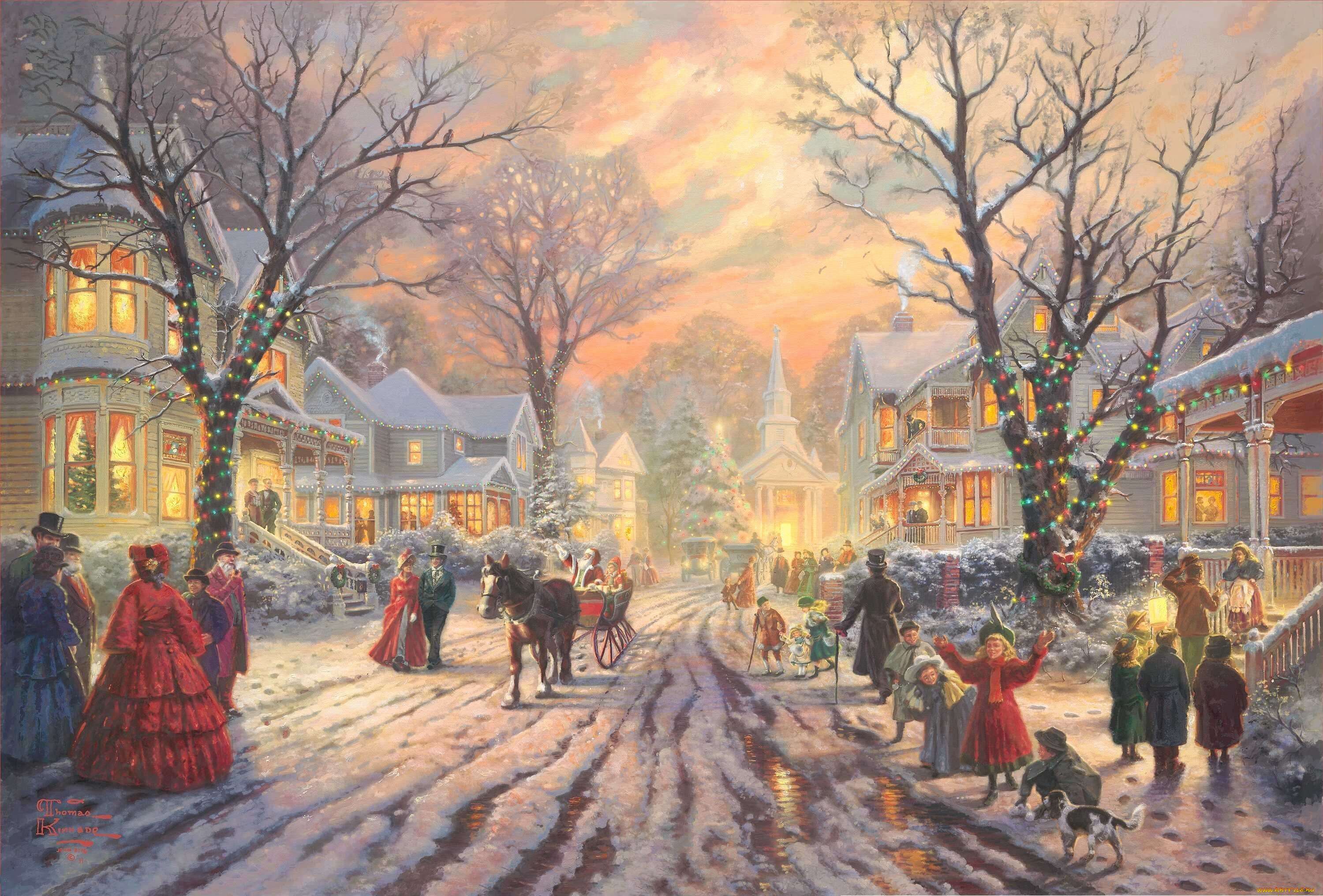thomas, kinkade, рисованные, лошадь, рождество, зима, дома, люди, иллюминация, деревья, дети, сани