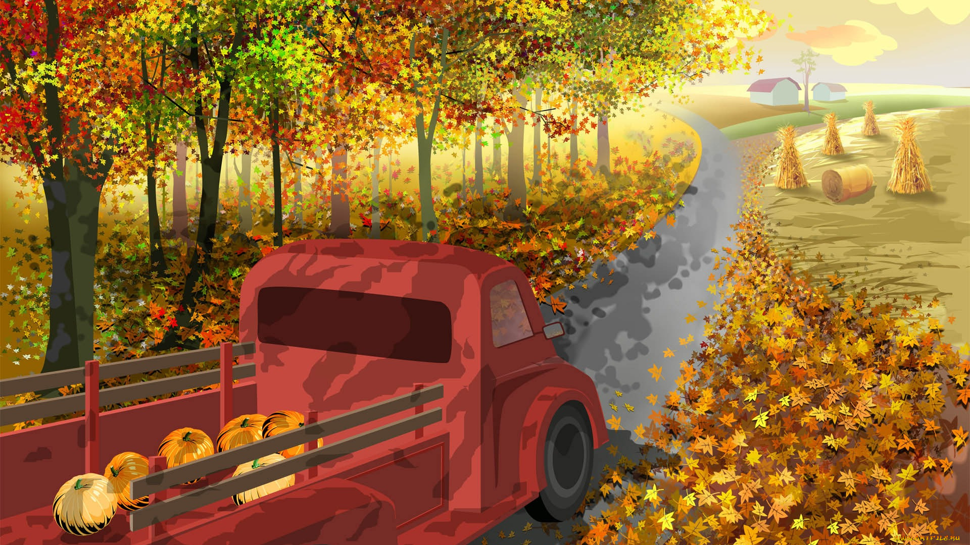 рисованные, другое, автомобиль, дорога, осень, тыквы