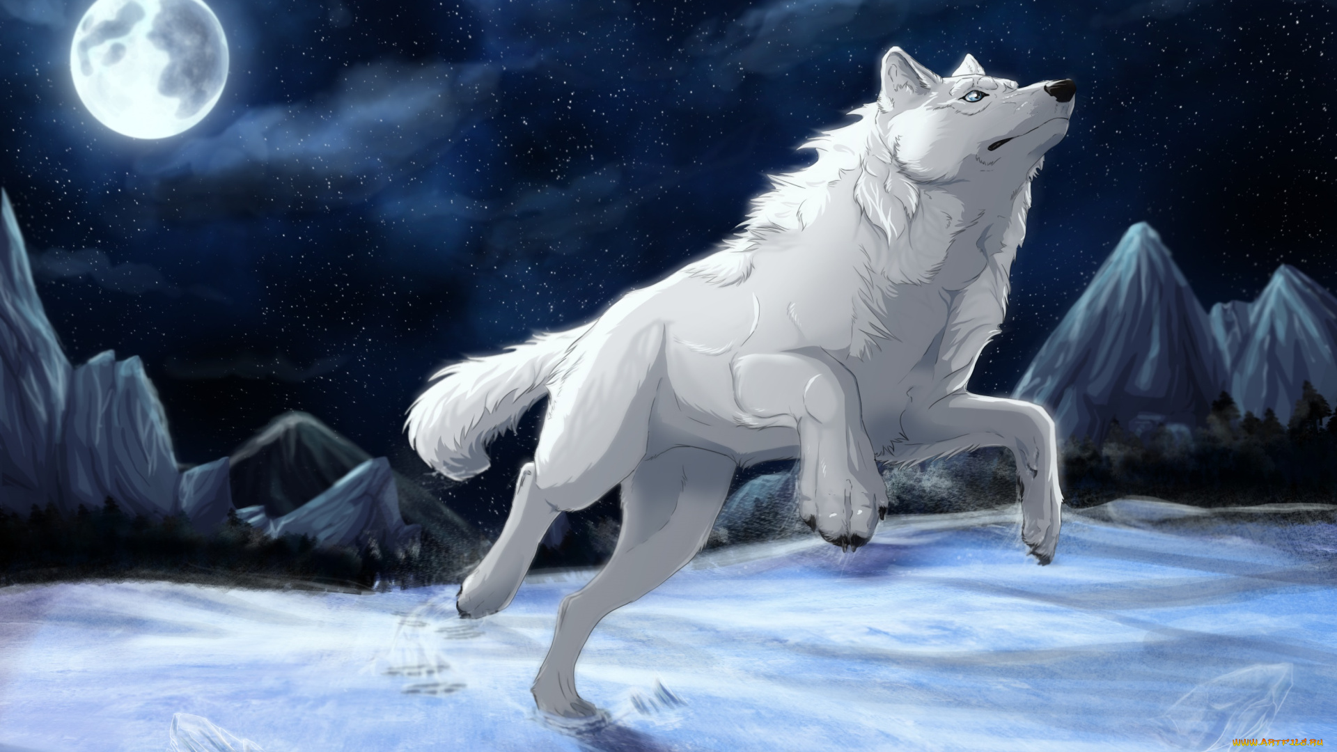 рисованные, животные, волки, луна, волк
