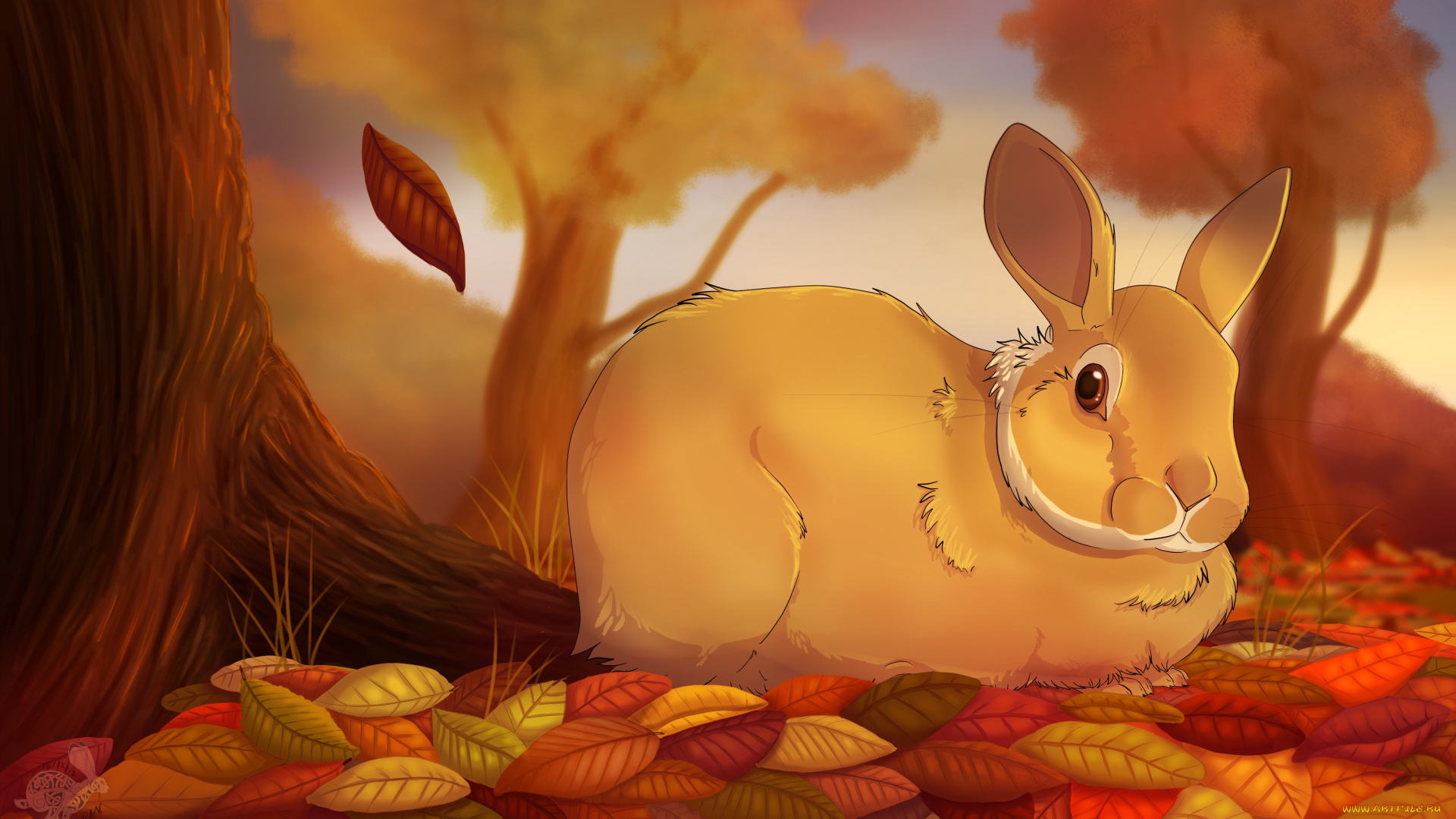 рисованные, животные, зайцы, кролики, заяц, листья, осень
