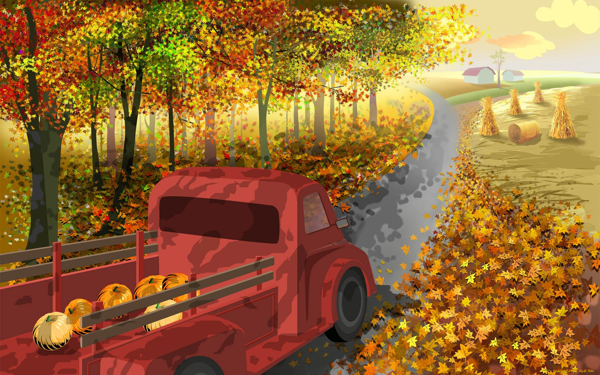 рисованные, другое, автомобиль, дорога, осень, тыквы