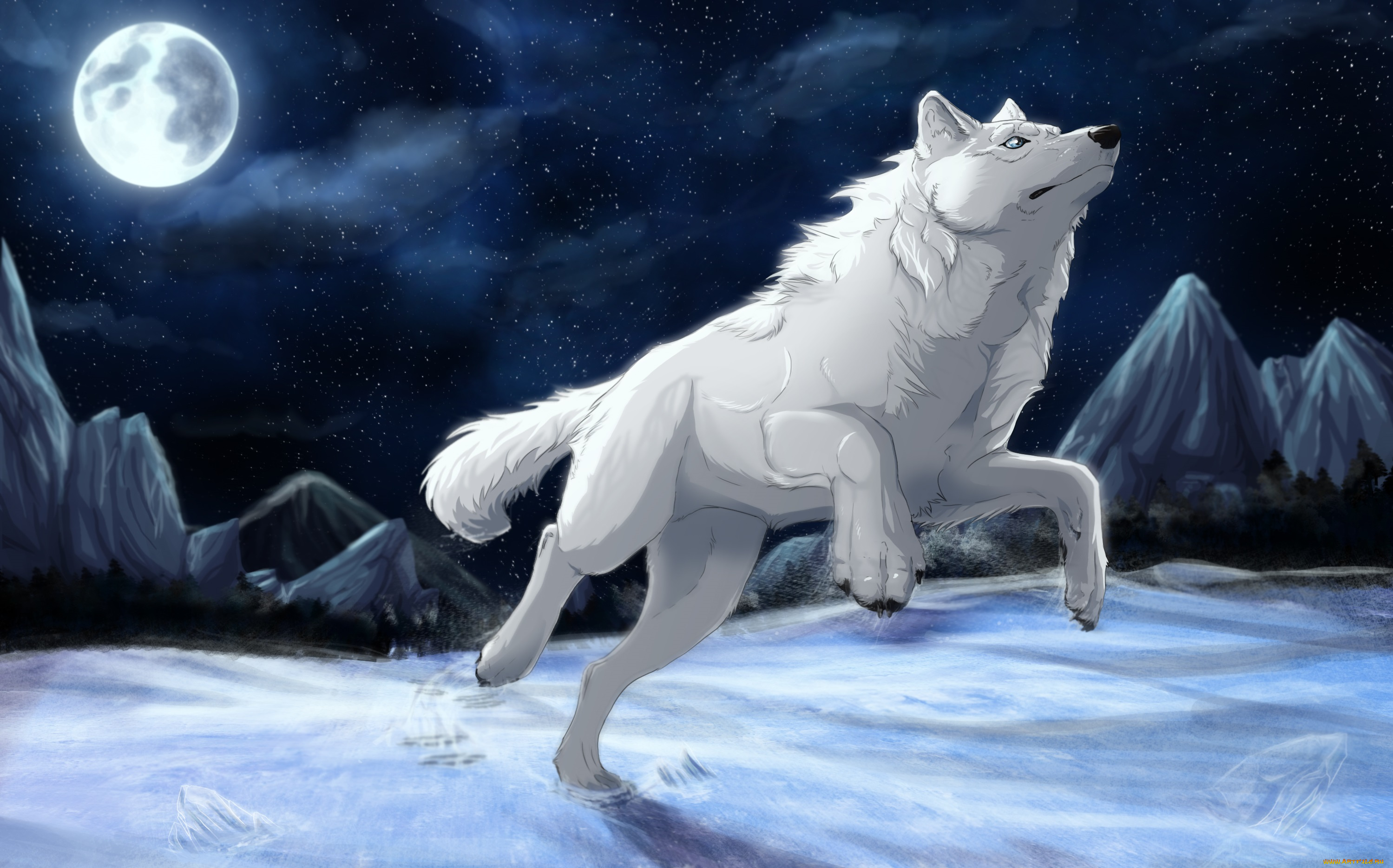 рисованные, животные, волки, луна, волк