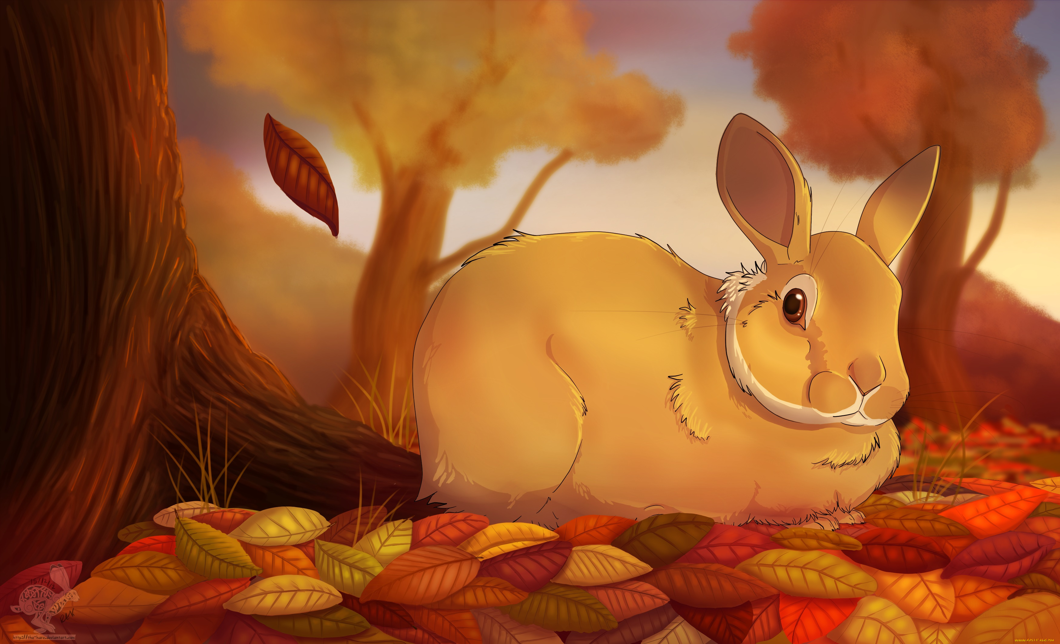 рисованные, животные, зайцы, кролики, заяц, листья, осень