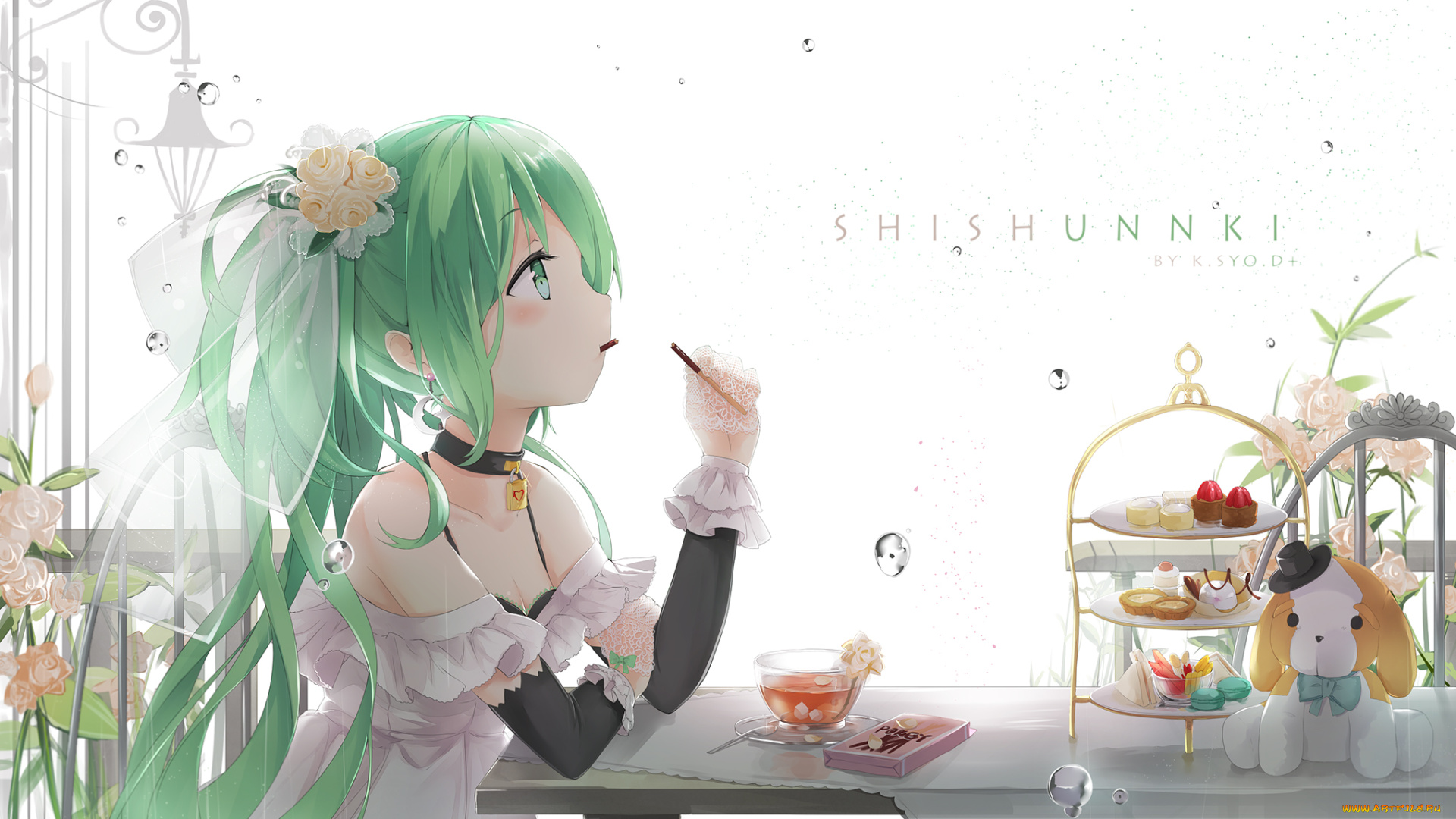 аниме, vocaloid, kuroi, asahi, hatsune, miku, девочка, сладости, чай, кафе, стол, арт