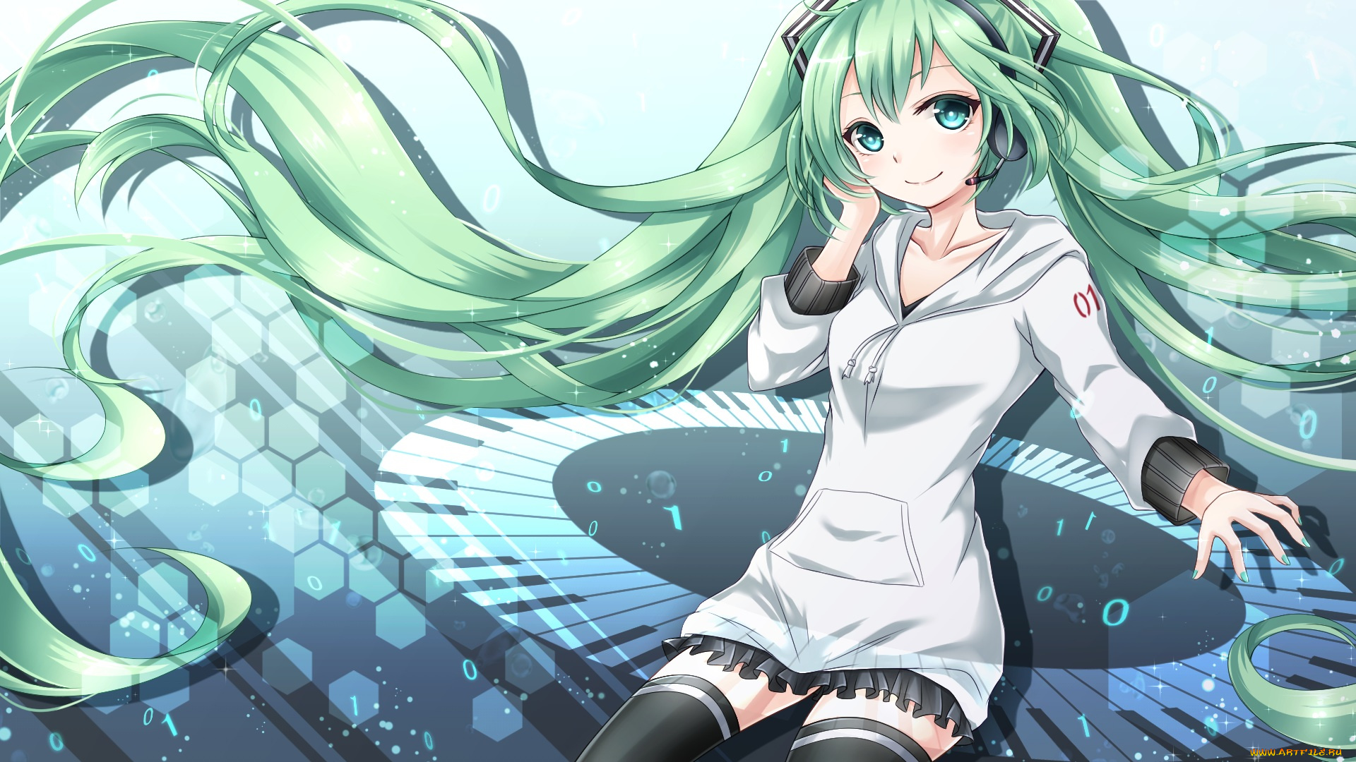 аниме, vocaloid, miku, девушка, волосы, фон, взгляд, yamagara