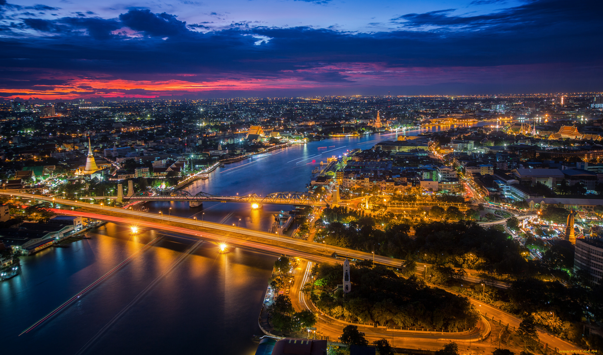 bangkok, and, chao, phraya, river, города, бангкок, , таиланд, огни, ночь, панорама