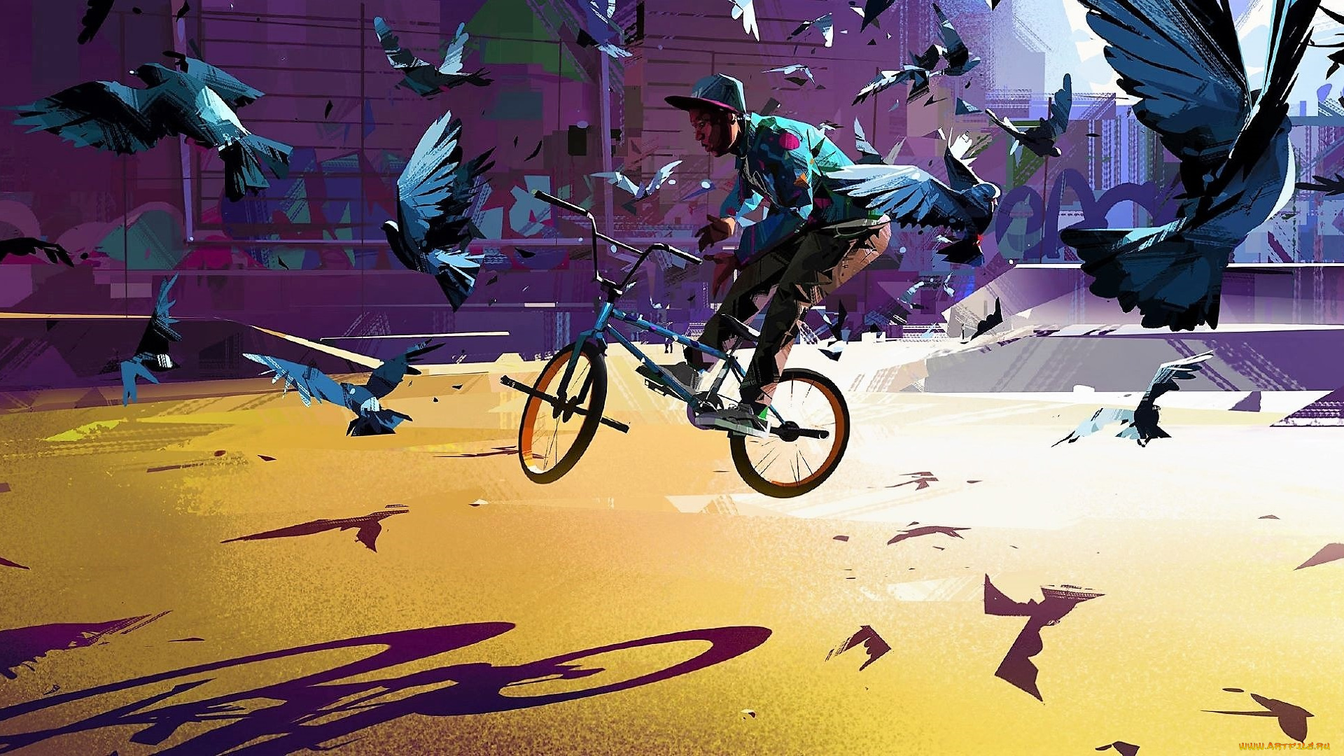 рисованное, люди, парень, велосипед, трюк, голуби, город