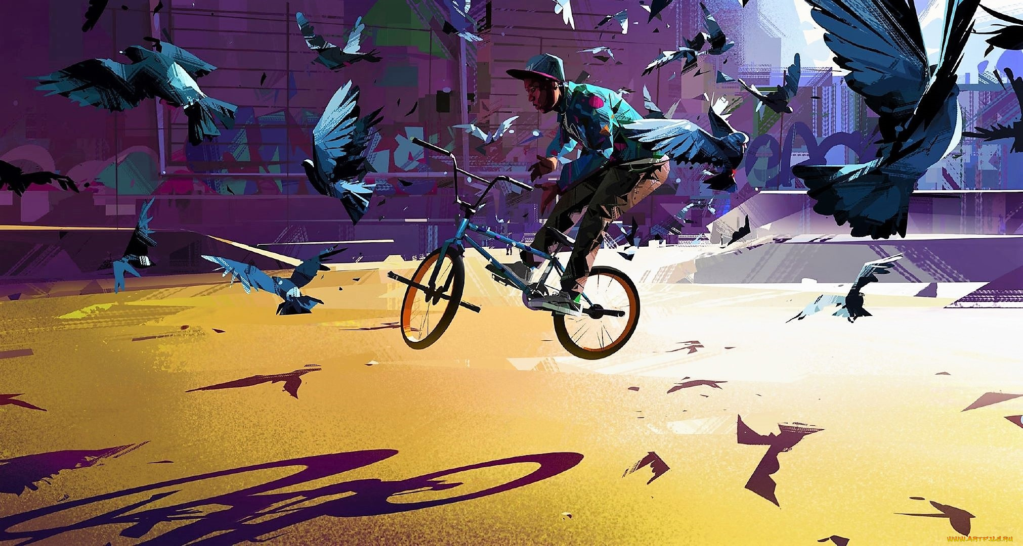 рисованное, люди, парень, велосипед, трюк, голуби, город