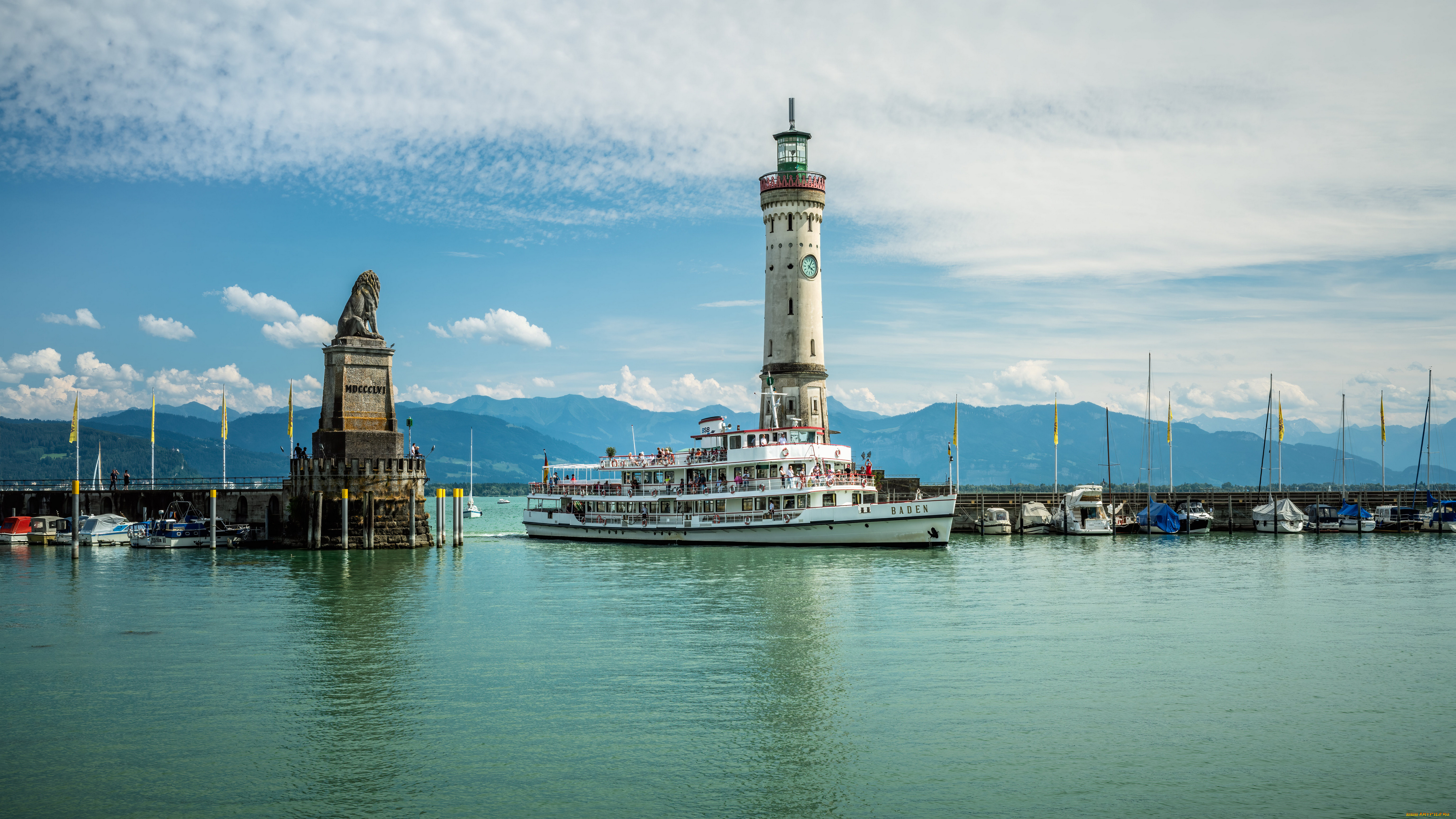 корабли, пароходы, германия, озеро, горы, башня, baden, lindau