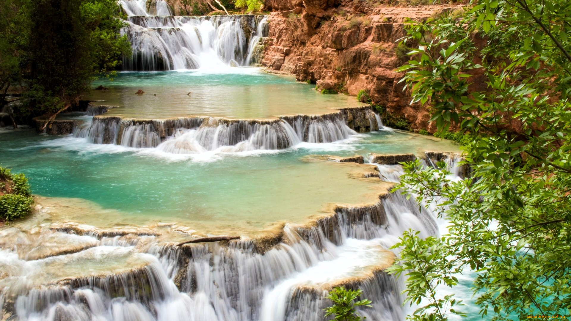 природа, водопады, водопад, каскад, кусты, скала