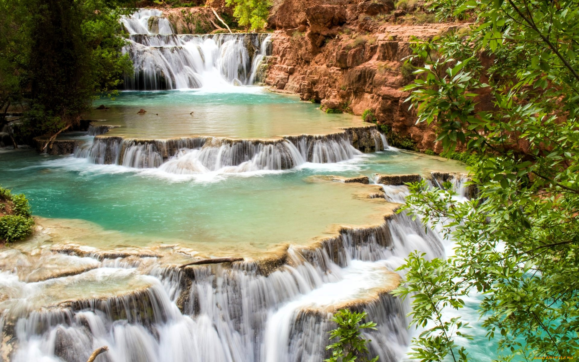 природа, водопады, водопад, каскад, кусты, скала