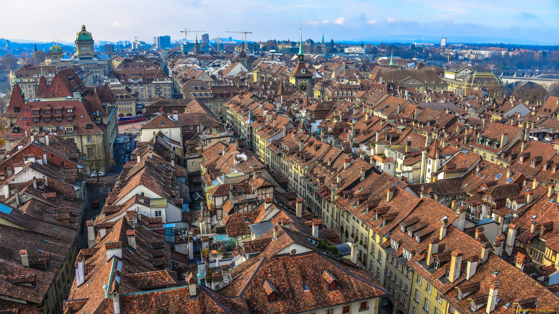 города, берн, швейцария, крыши, панорама