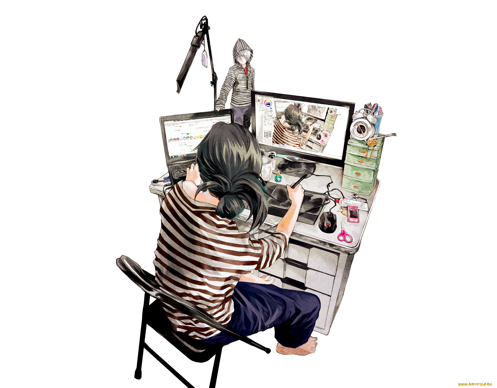 by, gasaru, аниме, weapon, blood, technology, мужчина, стол, стул, компьютер, ноутбук, часы, рисование