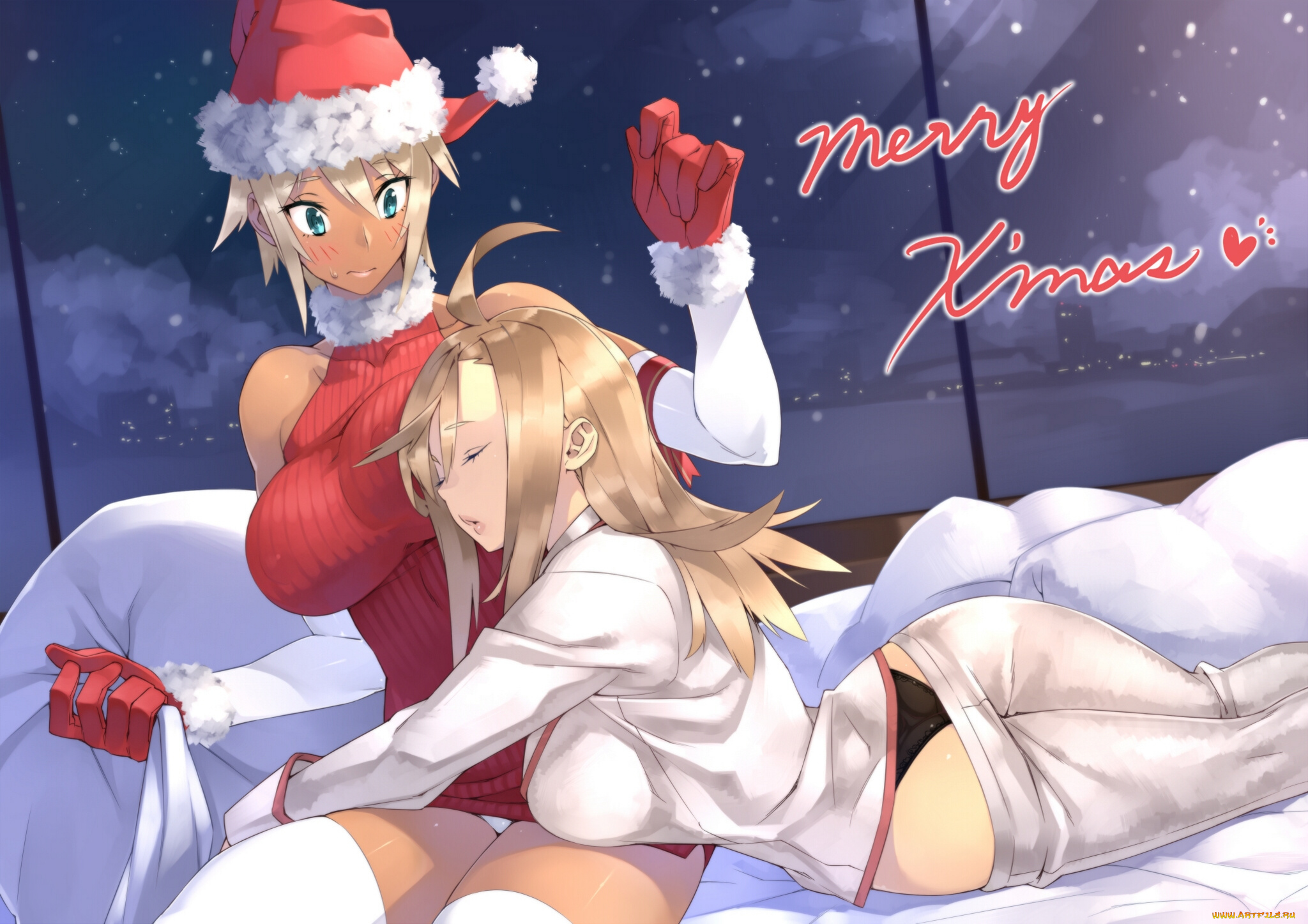 аниме, merry, chrismas, winter, девочки, костюм, окно, ночь, real, xxiii's, ahoge, girl, real, xxiii's, dark, skinned, girl, кровать, шапка, мешок, подарки, свитер, снег