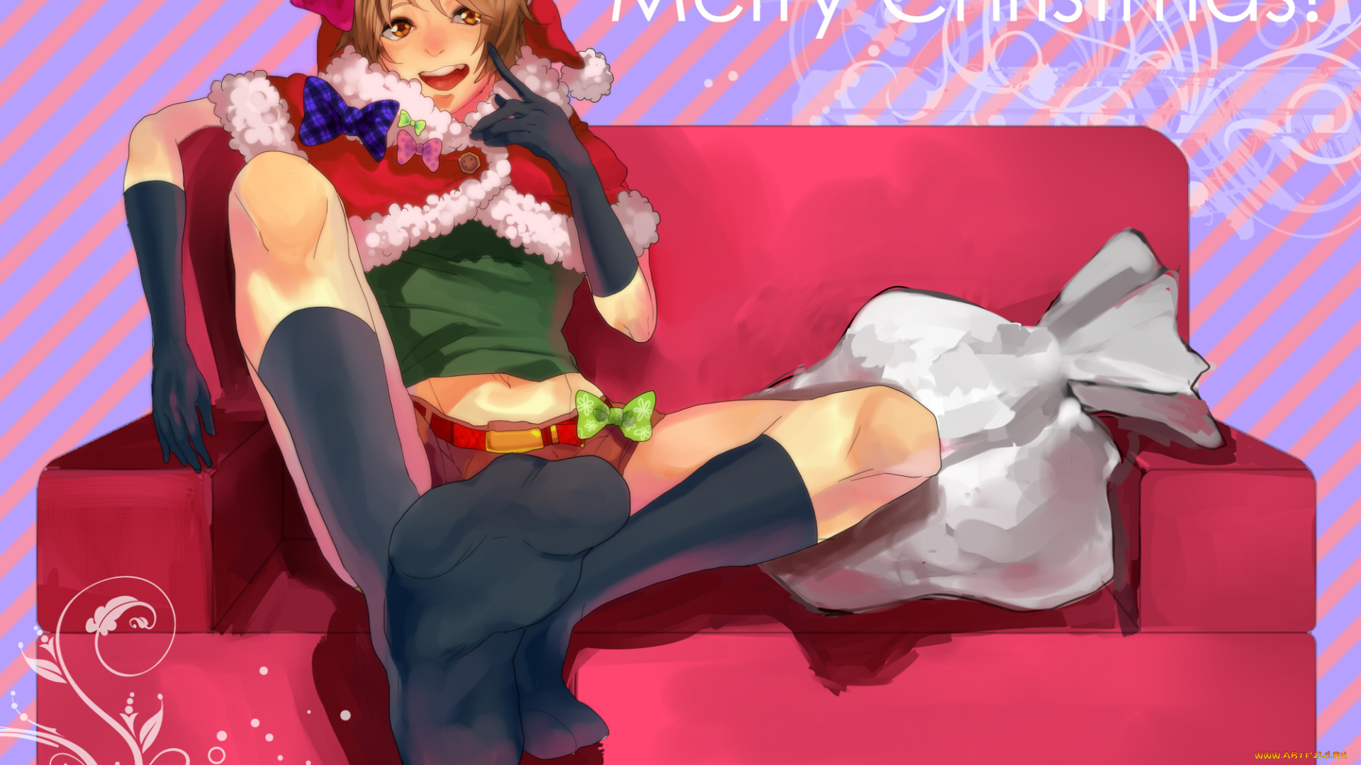 by, shimosaki, kaname, аниме, -merry, chrismas, &, winter, шапка, девушка, костюм, накидка, бант, диван, подарки, мешок