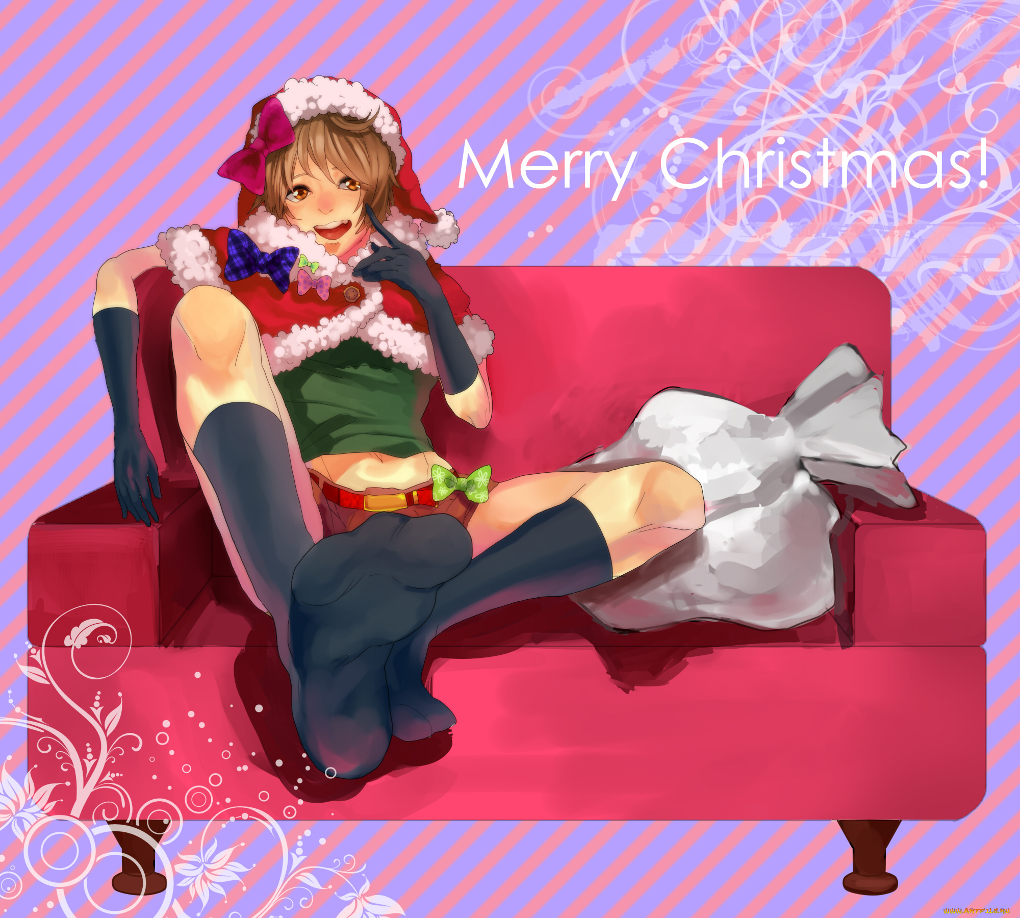 by, shimosaki, kaname, аниме, -merry, chrismas, &, winter, шапка, девушка, костюм, накидка, бант, диван, подарки, мешок